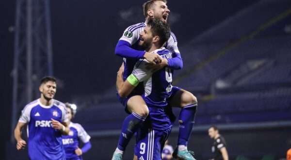 14.12.2023., stadion Maksimir, Zagreb - UEFA Konferencijska liga, skupina C, 6. kolo, GNK Dinamo - Ballkani. Nogometasi Dinama slave pogodak za vodstvo 2:0. Stefan Ristovski, Bruno Petkovic Photo: Luka Stanzl/PIXSELL