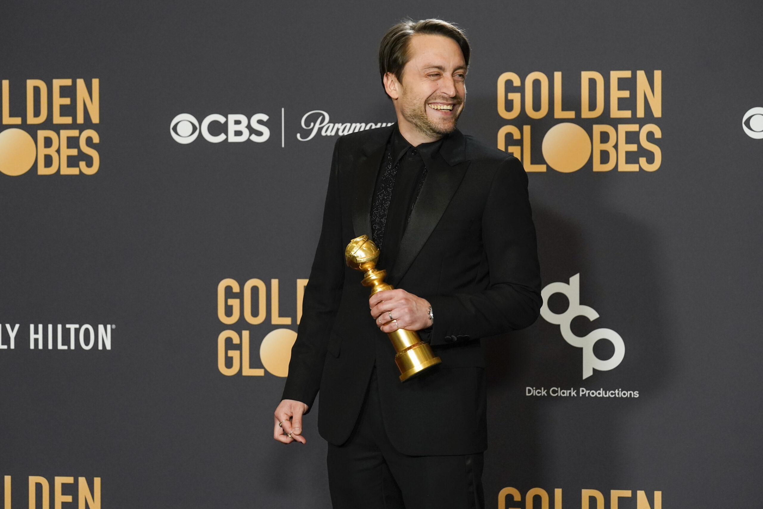 Kieran Culkin poses in the press room with the award for best performance by an actor in a television series, drama for "Succession" at the 81st Golden Globe Awards on Sunday, Jan. 7, 2024, at the Beverly Hilton in Beverly Hills, Calif. (AP Photo/Chris Pizzello)