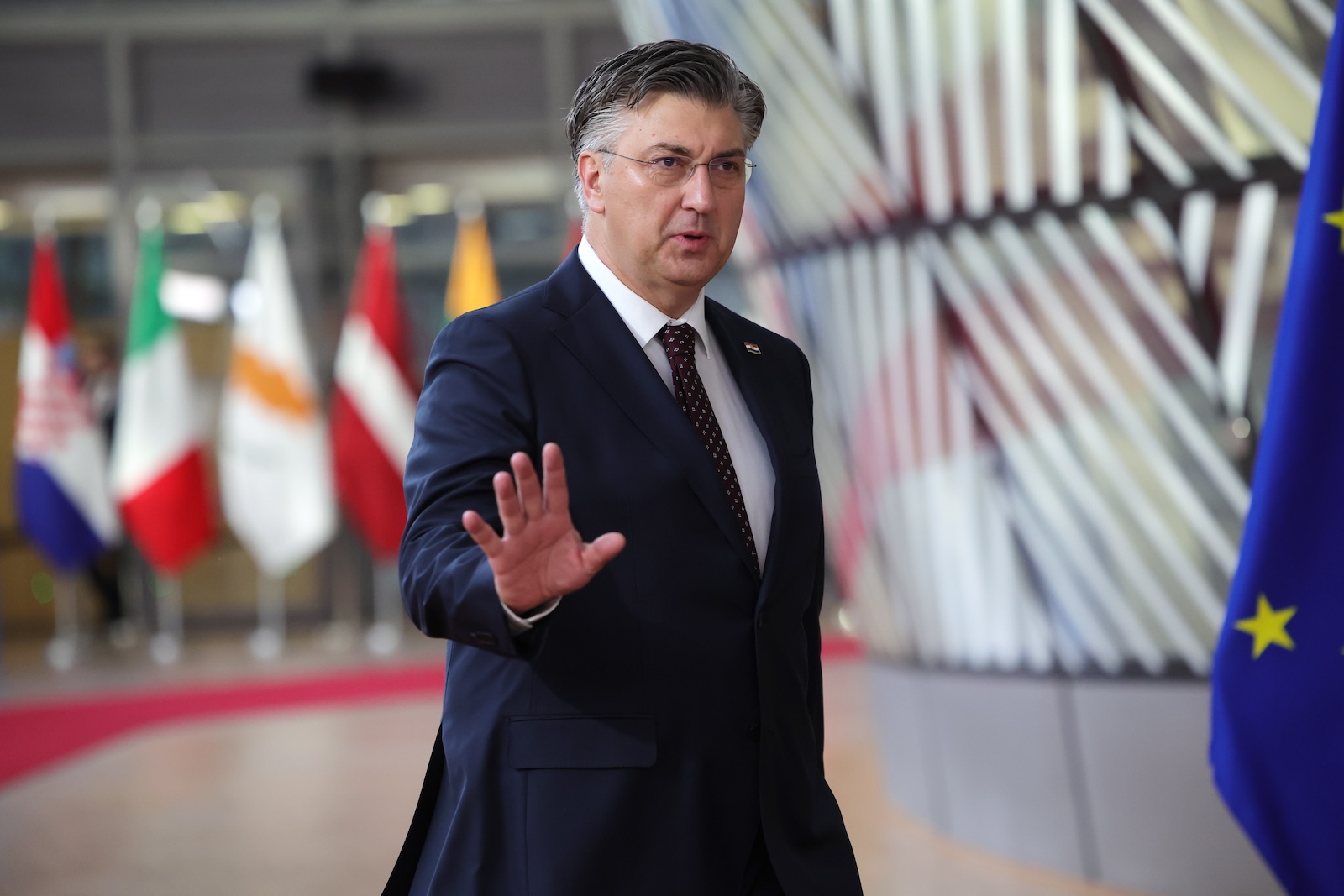 epa11117505 Croatia's Prime Minister Andrej Plenkovic arrives for a Special European Council in Brussels, Belgium, 01 February 2024. EU leaders gather in Brussels to discuss the mid-term revision of the EU's long-term budget for 2021-2027, including support to Ukraine.  EPA/OLIVIER MATTHYS