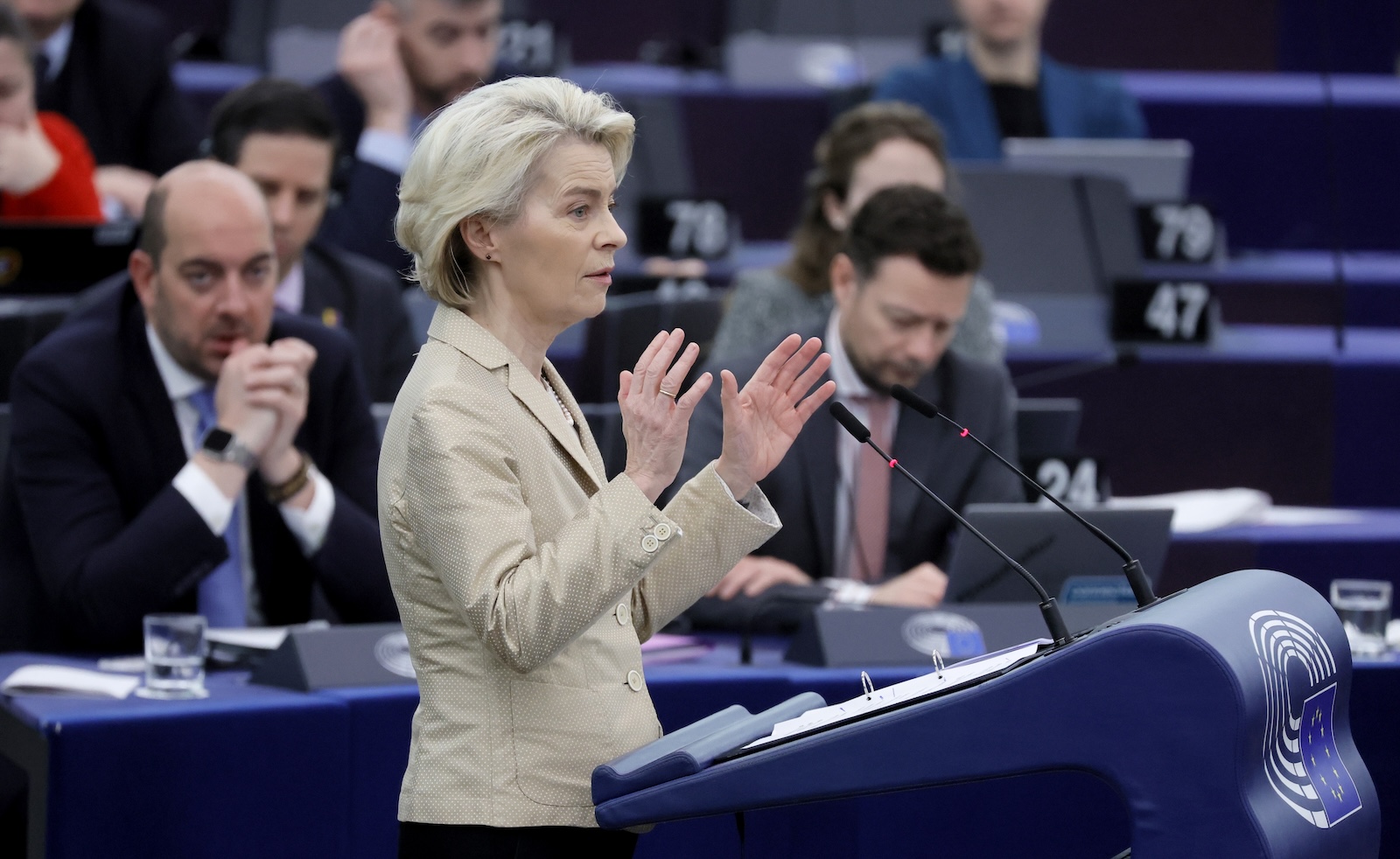 epa11186016 European Commission President Ursula von der Leyen speaks during a debate on European Security and Defence at the European Parliament in Strasbourg, France, 28 February 2024. The EU Parliament's session runs from 26 to 29 February 2024.  EPA/RONALD WITTEK