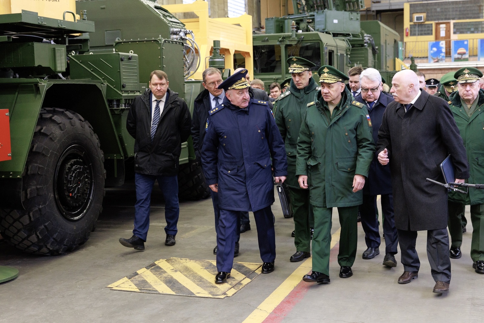 epa11202022 A handout photo made available by the Russian Defence ministry press service shows Russian Defense Minister Sergei Shoigu (C-R) inspecting the implementation of the state defense orders at a plant of the Almaz-Antey Corporation in Moscow, Russia, 06 March 2024. According to the Russian Defence Ministry, the director of the Almaz-Antey Aerospace Defense Concern, Yan Novikov, reported the successful production of the Yenisei autonomous target designation systems in 2023. The systems are used for the S-400 anti-aircraft missile system, as well as radar systems to detect and counter unmanned aerial vehicles 'Valdai'.  EPA/VADIM SAVITSKY / RUSSIAN DEFENCE MINISTRY PRESS SERVICE/HANDOUT   HANDOUT EDITORIAL USE ONLY/NO SALES HANDOUT EDITORIAL USE ONLY/NO SALES