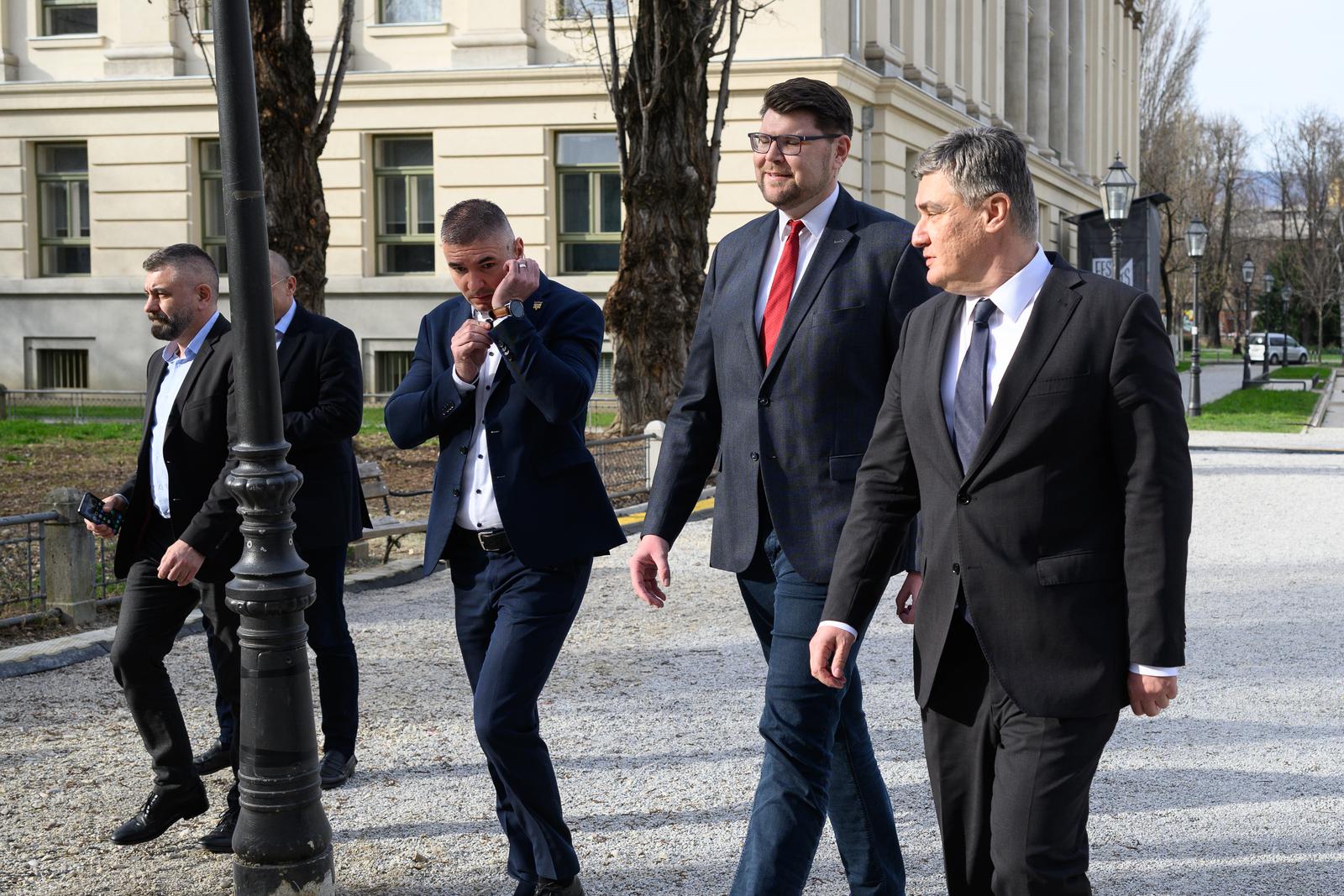 15.03.2024., Zagreb - Izvanredna konferencija za medije predsjednika SDP-a, Pedje Grbina ispred Hrvatskog drzavnog arhiva. Pedja Grbin, Zoran Milanovic.
 Photo: Davor Puklavec/PIXSELL