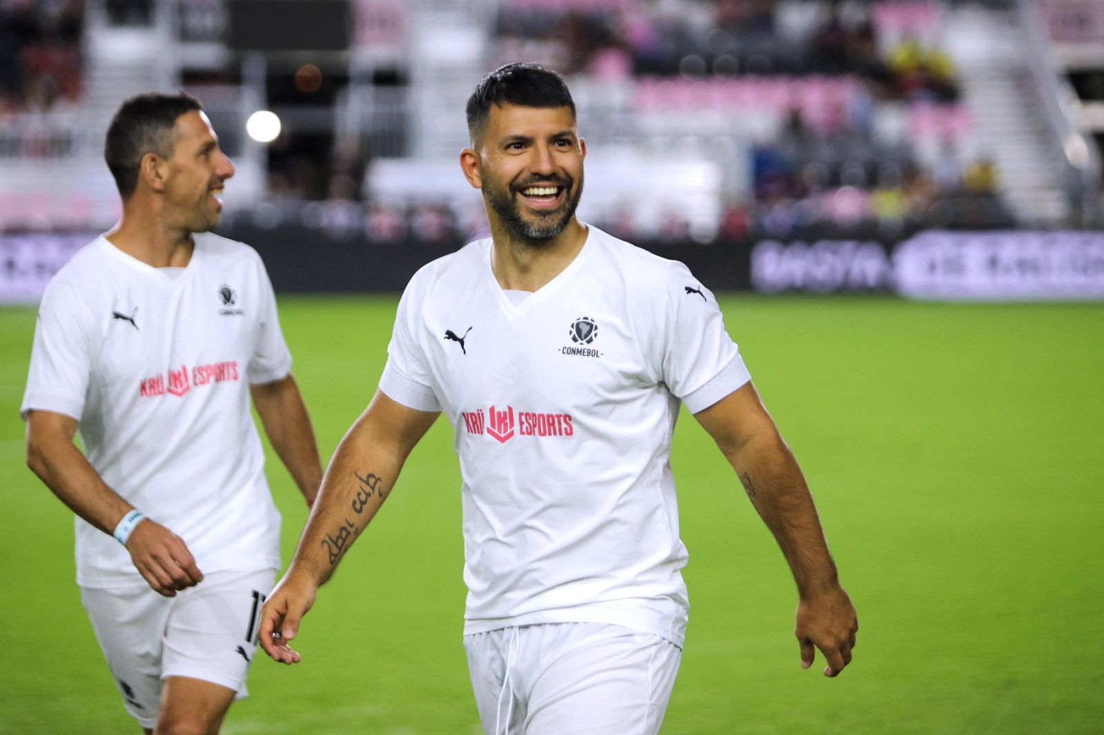 Argentine former football player Sergio Aguero (R) smiles before the exhibition "Leyendas Conmebol" football match at DRV PNK Stadium in Fort Lauderdale, Florida, on December 5, 2023.,Image: 827116107, License: Rights-managed, Restrictions: , Model Release: no, Credit line: Chris Arjoon / AFP / Profimedia