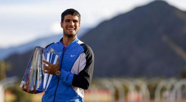 March 17, 2024 Carlos Alcaraz of Spain poses with the winner's trophy after defeating Daniil Medvedev in the Men's Final during the BNP Paribas Open at Indian Wells Tennis Garden in Indian Wells, CA. Charles Baus/CSM,Image: 857674904, License: Rights-managed, Restrictions: , Model Release: no, Credit line: Charles Baus / Zuma Press / Profimedia
