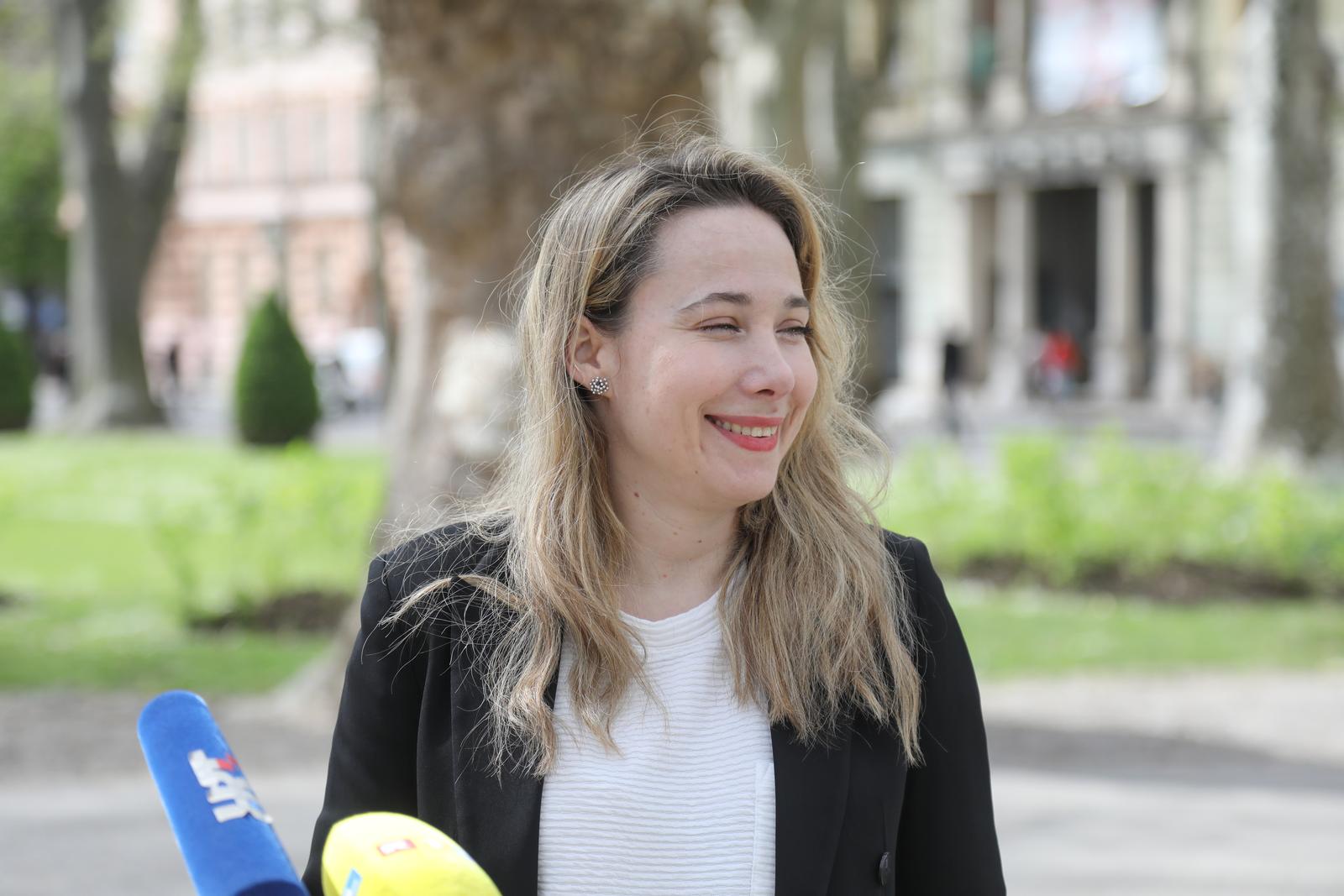 3.4.2024., Trg Nikole Subica Zrinskog, Zagreb - Konferencija za medije nositeljice liste Mosta za 1. izbornu jedinicu Marije Selak Raspudic o programu Mosta za mlade i obrazovanje. Photo: Luka Batelic/PIXSELL