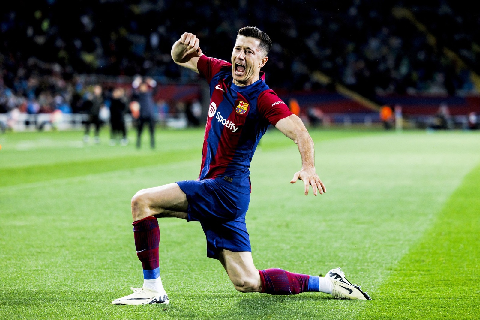 Robert Lewandowski of FC Barcelona celebrates a goal during the Spanish championship La Liga football match between FC Barcelona and Valencia CF on April 29, 2024 at Estadio Olimpico de Montjuic in Barcelona, Spain - Photo Javier Borrego / Spain DPPI / DPPI,Image: 869047340, License: Rights-managed, Restrictions: Hungary Out, Model Release: no, Credit line: Javier Borrego / AFP / Profimedia