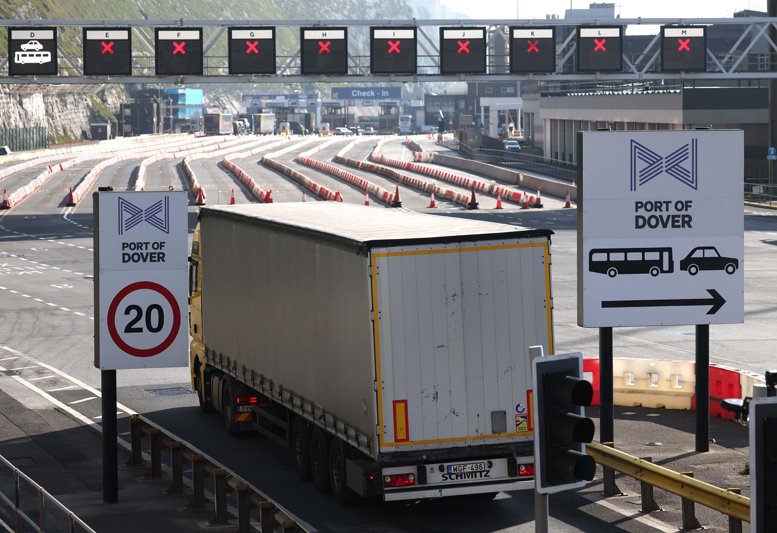 epa11307909 A truck disembark at the Port of Dover in Dover, Britain, 29 April 2024. Stage 2 border controls on food imports from the European Union are due to begin. The common user charge, which applies to small imports of animal products and plants such as meat, flowers, and dairy is due to come into force on 30 April 2024. The Department for Environment, Food, and Rural Affairs has said that fees of up to 145 pounds will be paid for border inspections, and improve biosecurity by preventing the import of plant and animal diseases into the UK. Though it may lead to higher food prices.  EPA/NEIL HALL