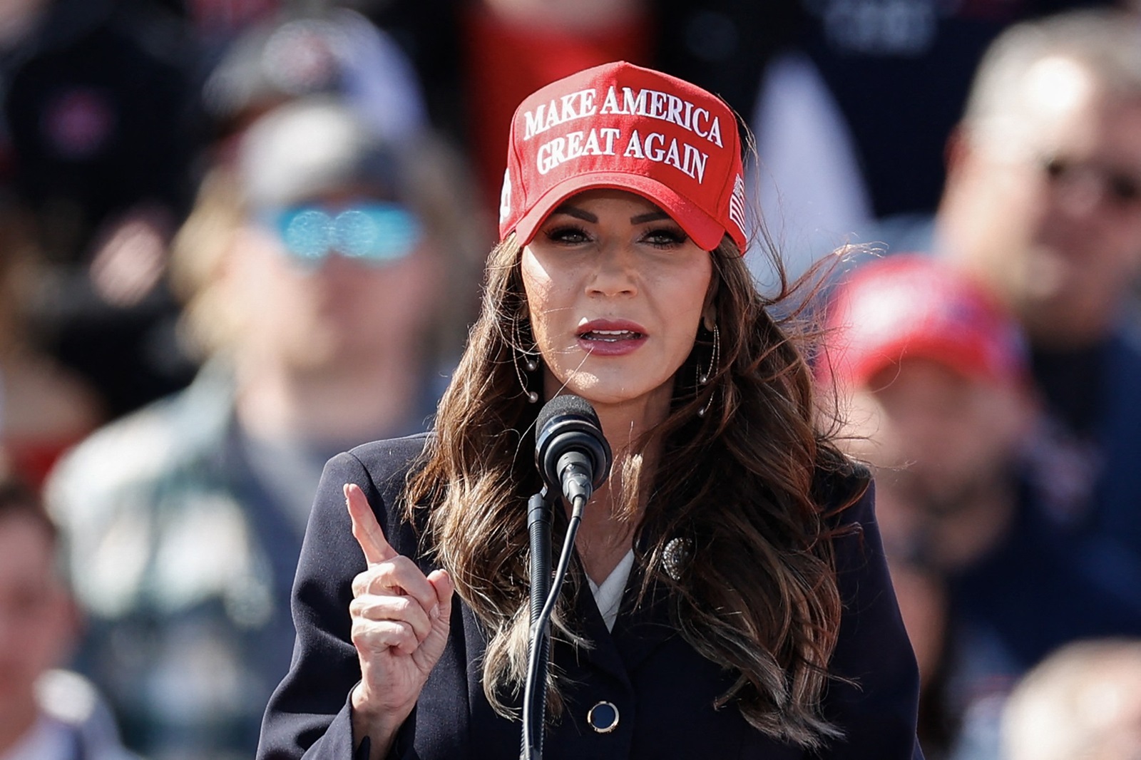 South Dakota Governor Kristi Noem speaks before former US President and Republican presidential candidate Donald Trump takes the stage during a Buckeye Values PAC Rally in Vandalia, Ohio, on March 16, 2024.,Image: 857843047, License: Rights-managed, Restrictions: , Model Release: no, Credit line: KAMIL KRZACZYNSKI / AFP / Profimedia