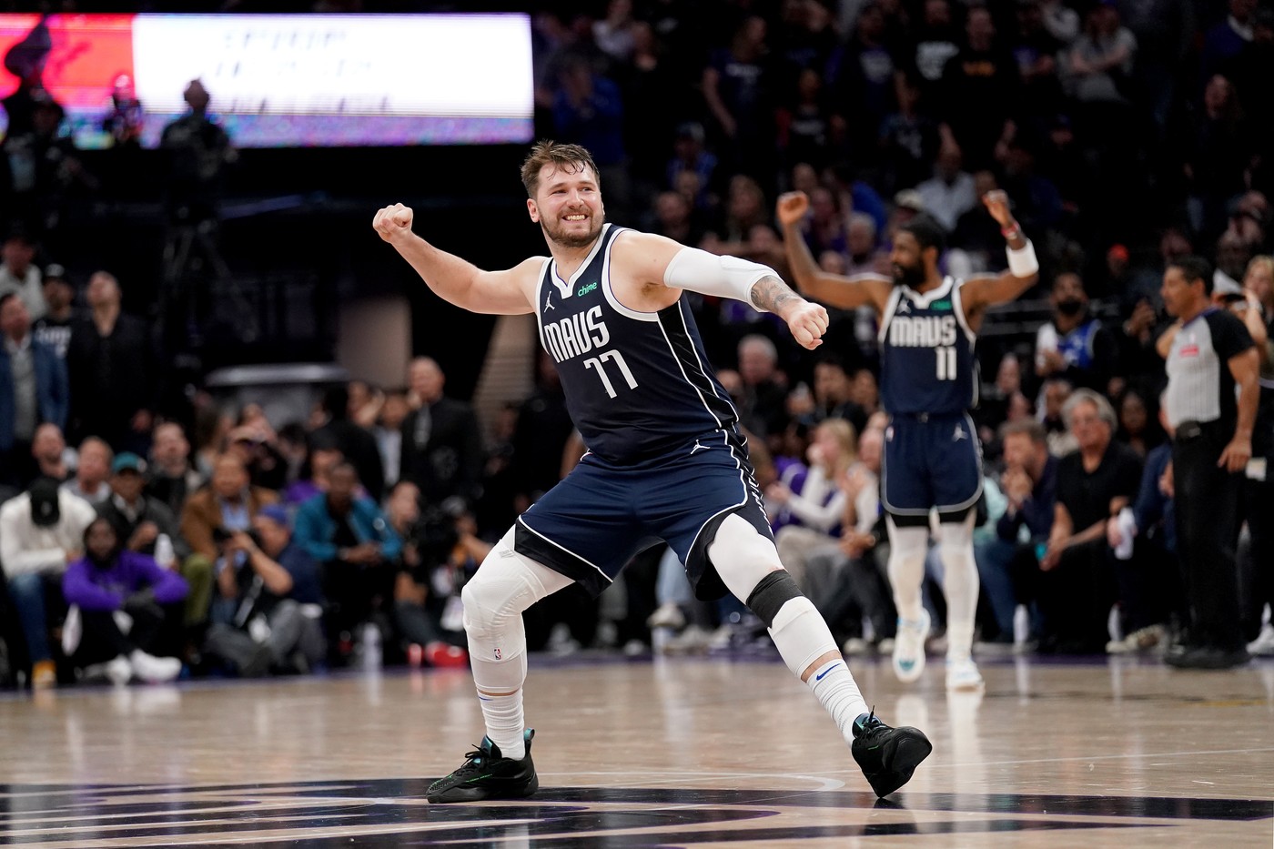 Mar 29, 2024; Sacramento, California, USA; Dallas Mavericks guard Luka Doncic (77) celebrates after the Mavericks made a three point basket against the Sacramento Kings late in the fourth quarter at the Golden 1 Center.,Image: 861051095, License: Rights-managed, Restrictions: , Model Release: no, Credit line: USA TODAY Sports / ddp USA / Profimedia