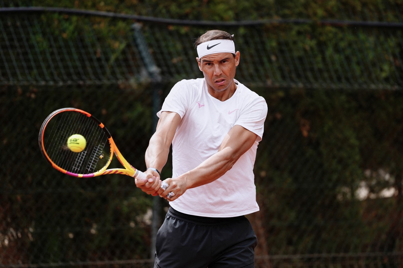 Spain's Rafael Nadal plays a backhand return during a training session on the eve of his participation at the ATP Barcelona Open "Conde de Godo" tennis tournament at the Real Club de Tenis in Barcelona on April 15, 2024.,Image: 864999078, License: Rights-managed, Restrictions: , Model Release: no, Credit line: PAU BARRENA / AFP / Profimedia