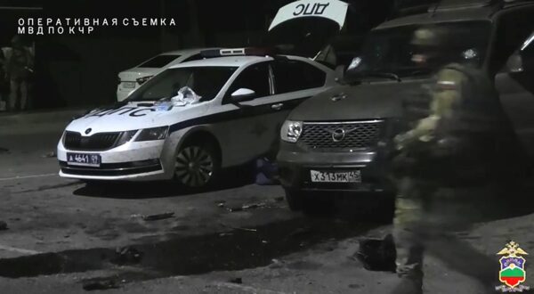 RUSSIA, KARACHAY-CHERKESSIA - APRIL 29, 2024: Seen in this video screen grab are cars parked at the scene where five attackers on police officers were eliminated. On the night between 28 and 29 April, two police officers seconded from the Interior Ministry’s branch in the Kurgan Region were killed in a militant attack on a traffic police unit. Best quality available. Video screen grab. Karachay-Cherkess Branch of Russian Interior Ministry/TASS,Image: 868770865, License: Rights-managed, Restrictions: A STILL IMAGE TAKEN FROM A VIDEO PROVIDED 29 APRIL 2024 BY A THIRD PARTY. FOR NEWS PURPOSES ONLY, Model Release: no, Credit line: Karachay-Cherkess Branch of Russ / TASS / Profimedia