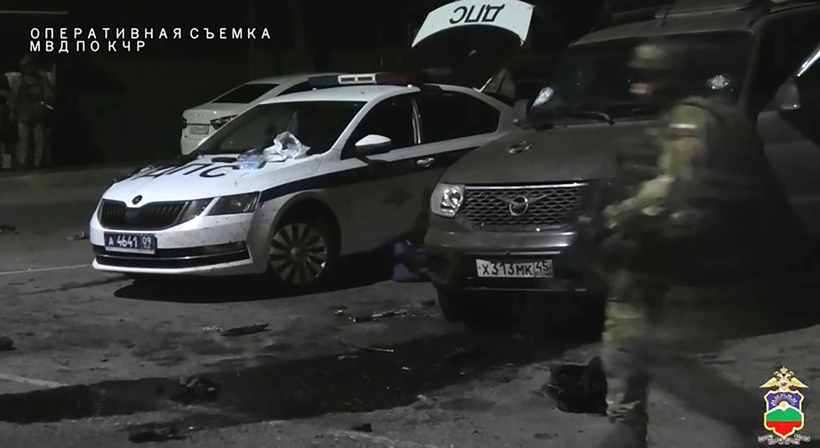 RUSSIA, KARACHAY-CHERKESSIA - APRIL 29, 2024: Seen in this video screen grab are cars parked at the scene where five attackers on police officers were eliminated. On the night between 28 and 29 April, two police officers seconded from the Interior Ministry’s branch in the Kurgan Region were killed in a militant attack on a traffic police unit. Best quality available. Video screen grab. Karachay-Cherkess Branch of Russian Interior Ministry/TASS,Image: 868770865, License: Rights-managed, Restrictions: A STILL IMAGE TAKEN FROM A VIDEO PROVIDED 29 APRIL 2024 BY A THIRD PARTY. FOR NEWS PURPOSES ONLY, Model Release: no, Credit line: Karachay-Cherkess Branch of Russ / TASS / Profimedia