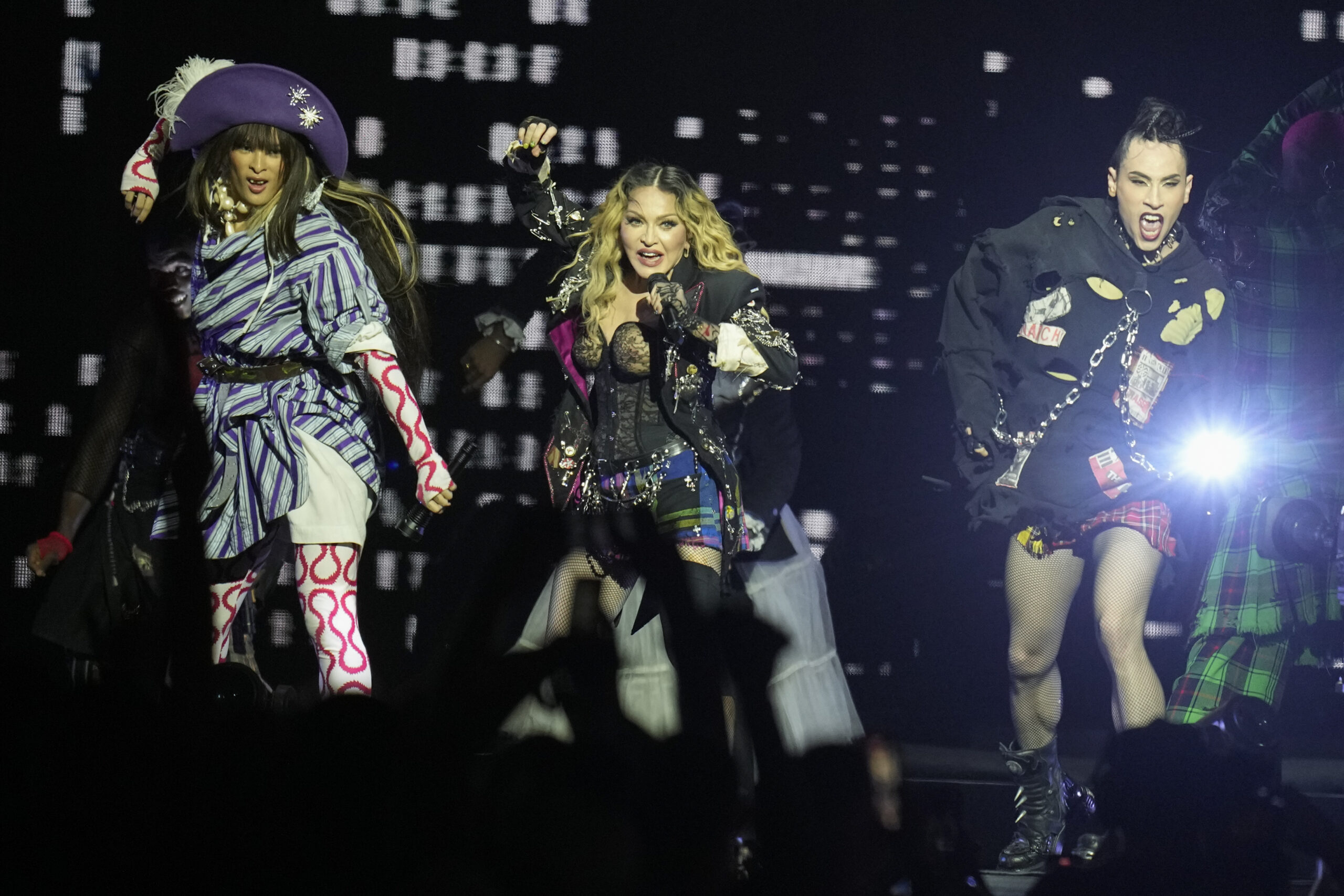 Madonna performs in the final show of her The Celebration Tour, on Copacabana Beach in Rio de Janeiro, Brazil, Saturday, May 4, 2024. (AP Photo/Silvia Izquierdo)