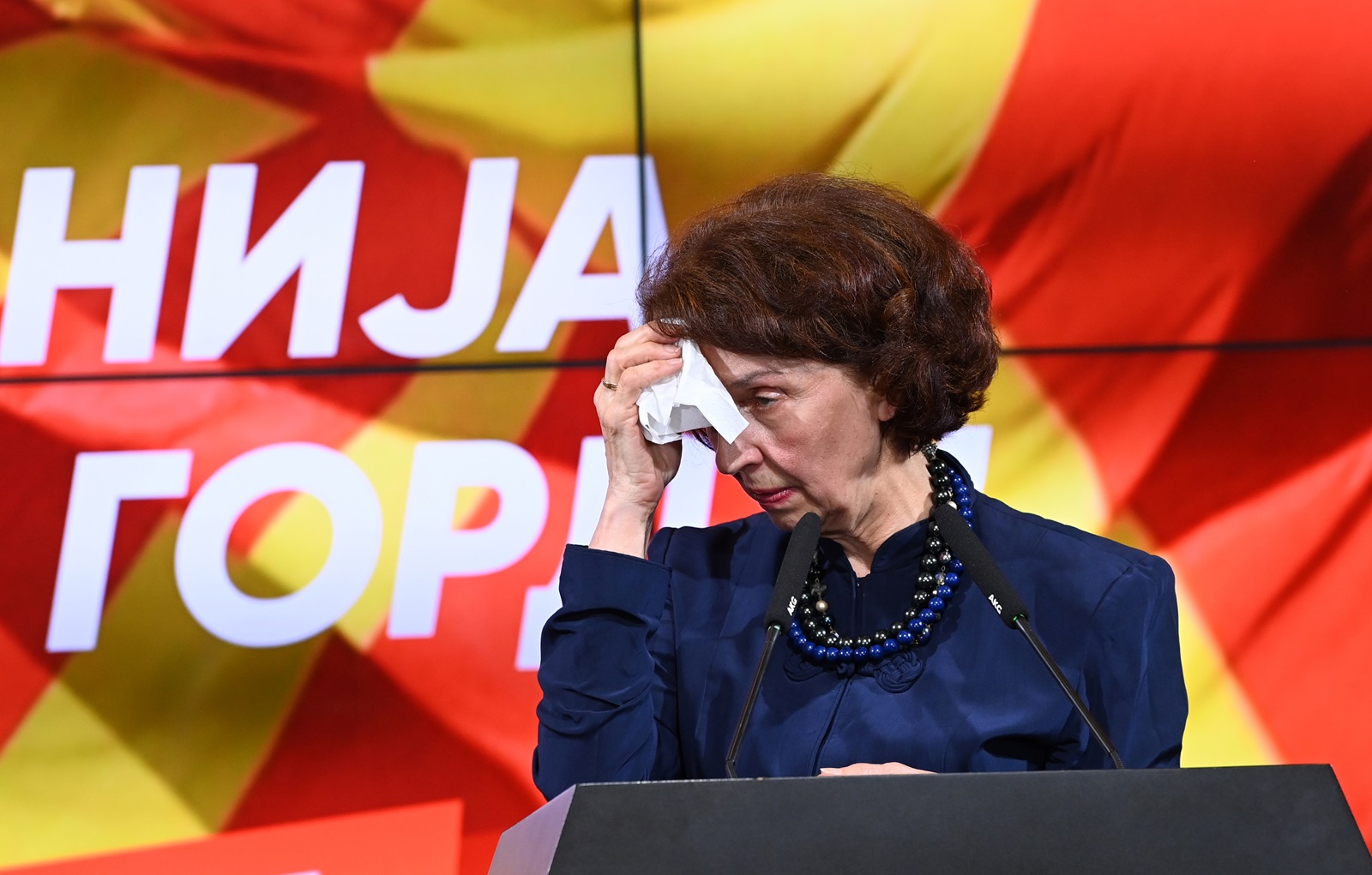 epa11327862 Gordana Siljanovska Davkova, VMRO-DPMNE presidential candidate talks during a press conference in Skopje, Republic of North Macedonia, 08 May 2024. Early results from the State Election Commission show that Gordana Siljanovska Davkova is set to become the first female president of North Macedonia.  EPA/Georgi Licovski