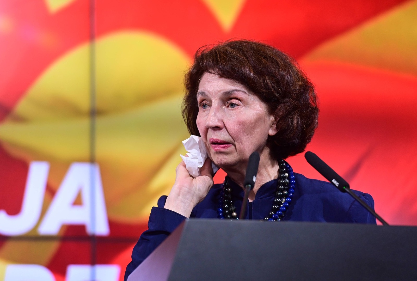 Gordana Siljanovska Davkova presidental candidate of VMRO DPMNE during press conference in Skopje. Davkova won the presidental elections in North Macedonia and will be first woman president of North Macedonia. Skopje May 09 2024. IMAGO/,Image: 871303922, License: Rights-managed, Restrictions: imago is entitled to issue a simple usage license at the time of provision. Personality and trademark rights as well as copyright laws regarding art-works shown must be observed. Commercial use at your own risk., Credit images as "Profimedia/ IMAGO", Model Release: no, Credit line: PETR STOJANOVSKI / imago stock&people / Profimedia