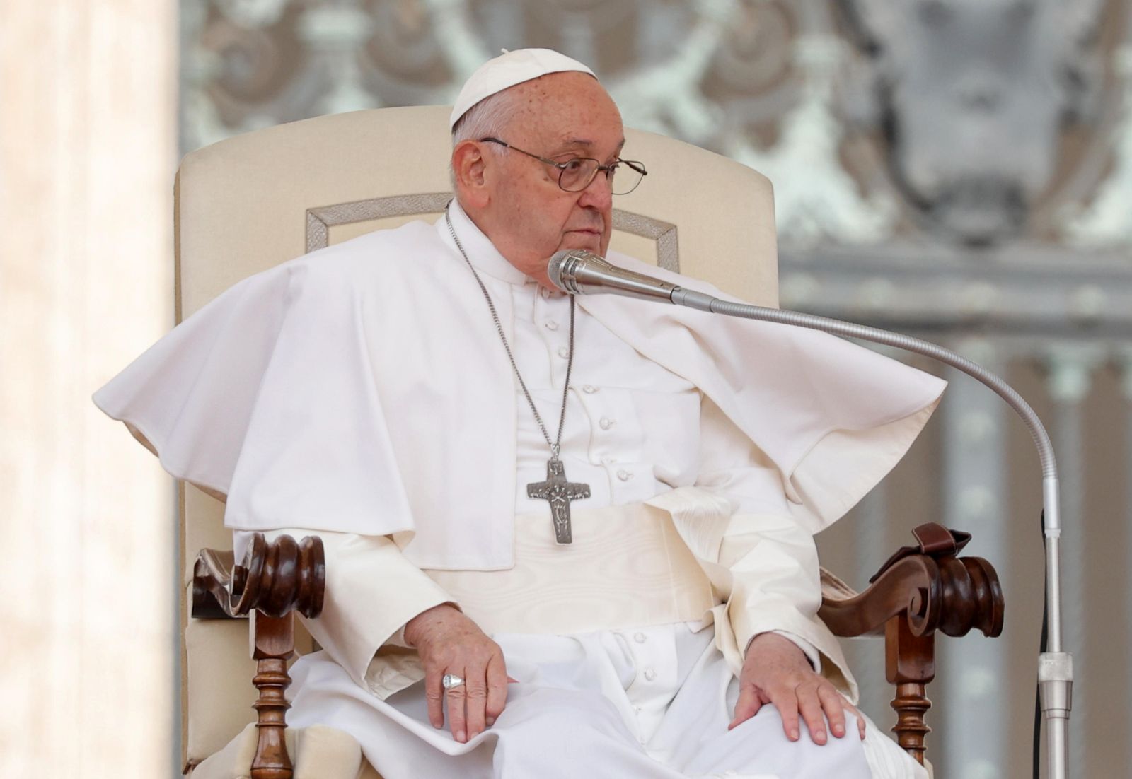 epa11326161 Pope Francis leads the weekly general audience in Saint Peter's Square, Vatican City, 08 May 2024.  EPA/GIUSEPPE LAMI