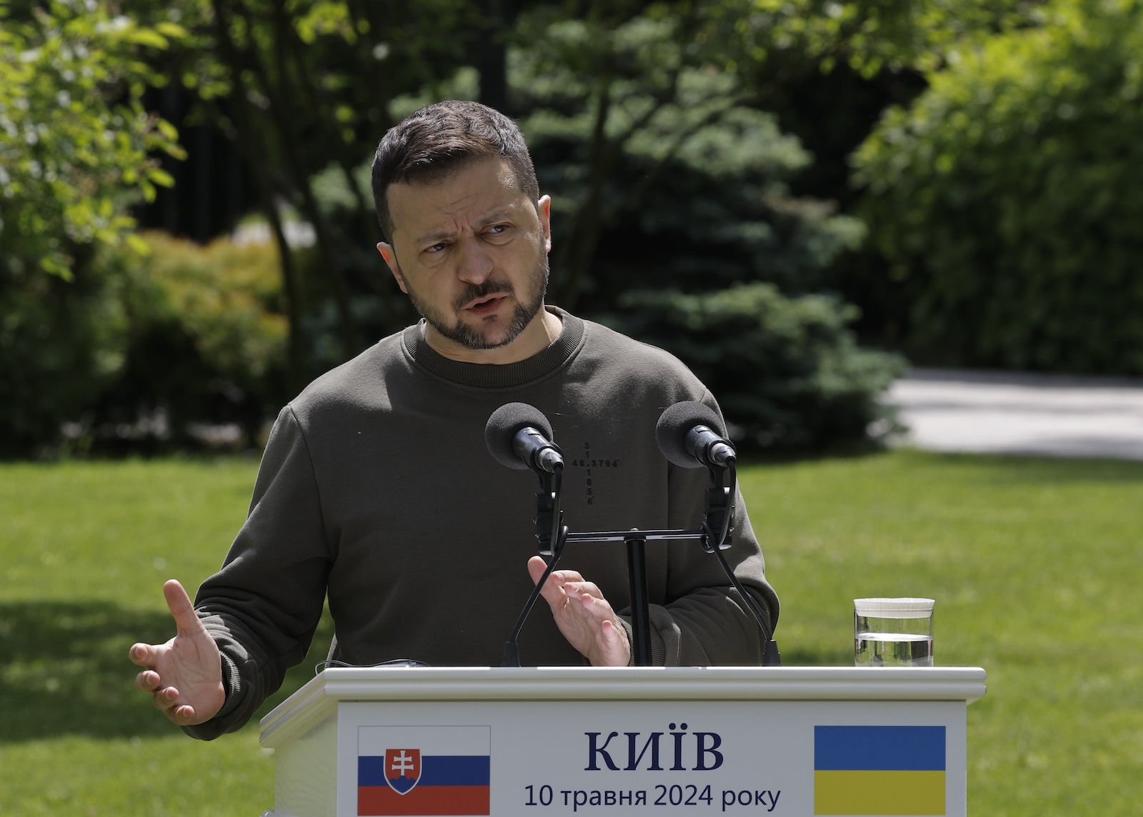 epa11331162 Ukrainian President Volodymyr Zelensky speaks during a joint press conference with Slovak President Zuzana Caputova (not pictured) in Kyiv, Ukraine, 10 May 2024. Zuzana Caputova arrived in Kyiv to meet with top Ukrainian officials amid the ongoing Russian invasion.  EPA/SERGEY DOLZHENKO