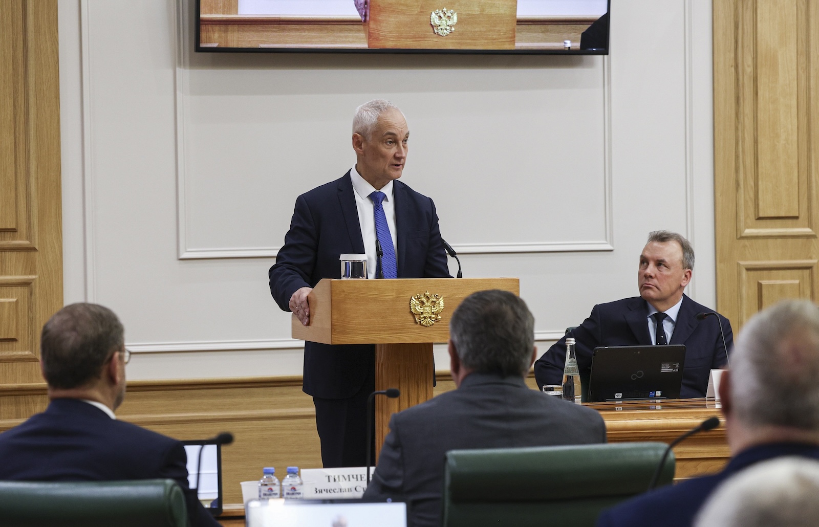 epa11336700 A handout photo made available by the Russian Federation Council press service shows candidate for Russian Defence Minister, Andrei Belousov attending a meeting of the Federation Council's Committee on Defence and Security at the Federation Council, the upper house of parliament, in Moscow, Russia, 13 May 2024. Russian President Putin has proposed the appointment of Andrei Belousov as new Minister of Defense, Russia's upper house of parliament announced on 12 May 2024. Sergey Shoigu, who has headed the Russian Defense Ministry since 2012, has been appointed secretary of the Security Council, the Kremlin press service said. The reshuffle came as Putin started his fifth presidential term.  EPA/RUSSIAN FEDERATION COUNCIL PRESS SERVICE HANDOUT -- MANDATORY CREDIT --  HANDOUT EDITORIAL USE ONLY/NO SALES HANDOUT EDITORIAL USE ONLY/NO SALES