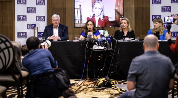 epa11342017 Icelandic investigative journalist and WikiLeaks editor-in-chief Kristinn Hrafnsson (L) and Stella Assange (2-L), the wife of WikiLeaks founder Julian Assange, attend a press conference organized by the Foreign Press Association in London, Britain, 15 May 2024. The verdict on Julian Assange's latest extradition hearing at London's High Court is expected to be given on 20 May 2024. Julian Assange is facing 175 years in a US prison if the hearing goes against him.  EPA/TOLGA AKMEN