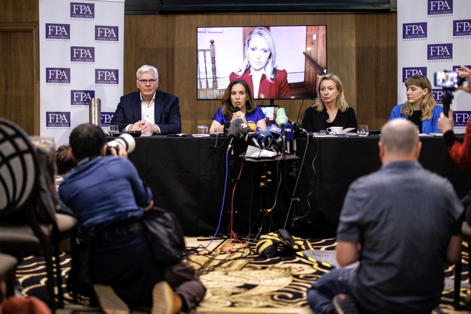 epa11342017 Icelandic investigative journalist and WikiLeaks editor-in-chief Kristinn Hrafnsson (L) and Stella Assange (2-L), the wife of WikiLeaks founder Julian Assange, attend a press conference organized by the Foreign Press Association in London, Britain, 15 May 2024. The verdict on Julian Assange's latest extradition hearing at London's High Court is expected to be given on 20 May 2024. Julian Assange is facing 175 years in a US prison if the hearing goes against him.  EPA/TOLGA AKMEN