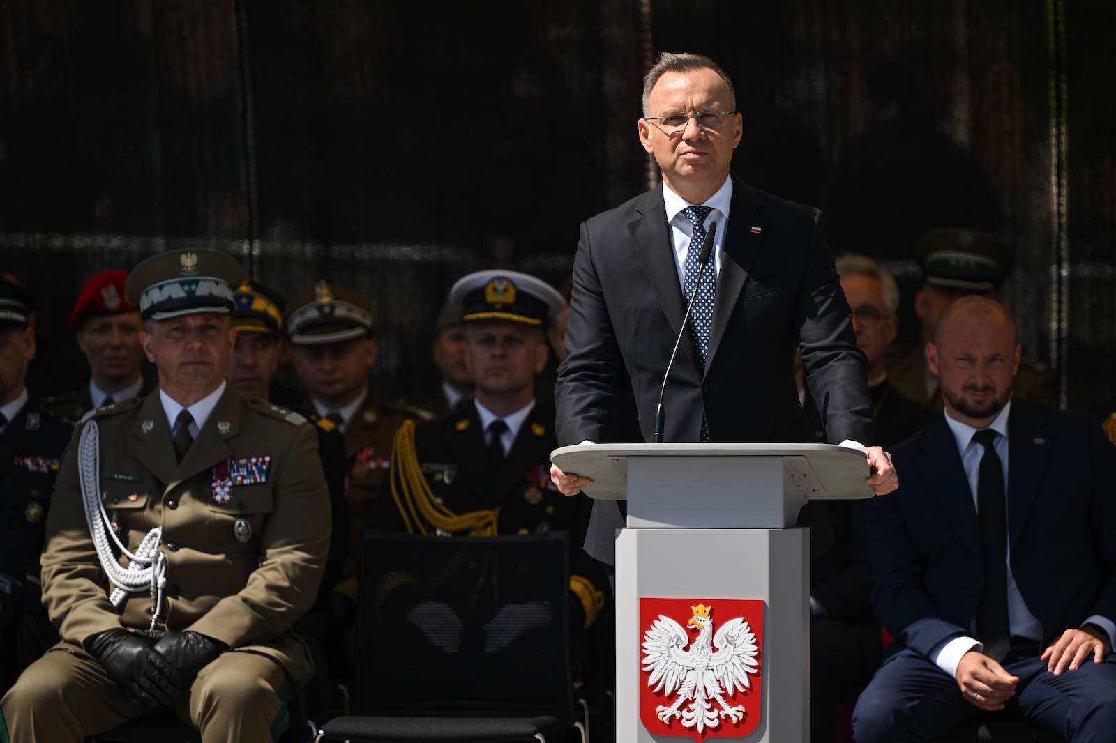 epa11344958 Polish President Andrzej Duda (2-R) speaks during ceremonies marking Border Guard Day in Gdansk, northern Poland, 16 May 2024. The Border Guard Day, established by the Sejm on 21 July 1995 under the Border Guard Act, is an official professional holiday celebrated on 16 May every year in Poland.  EPA/ADAM WARZAWA POLAND OUT