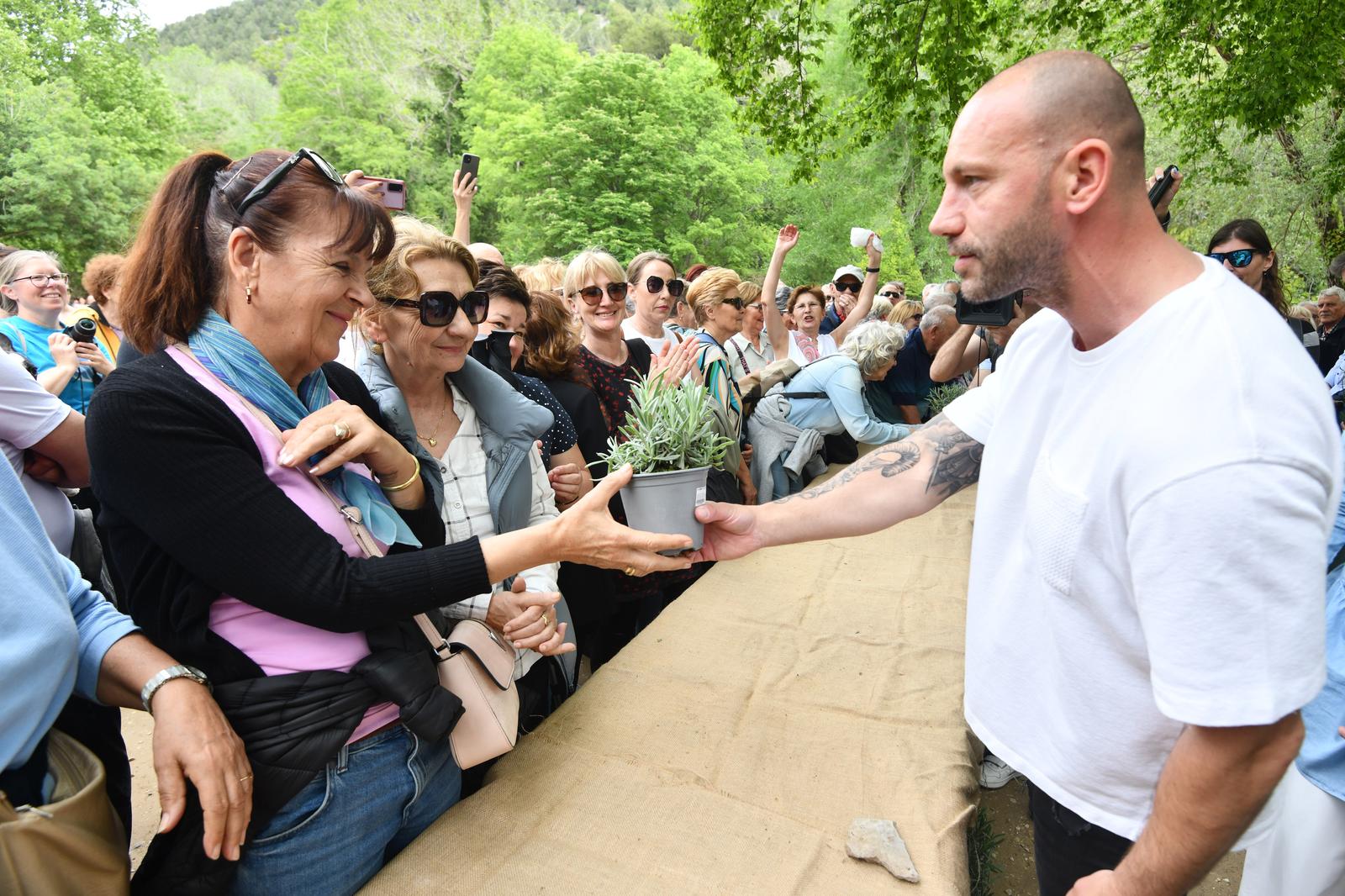 01.05.2024., Skradin - Nacionalni park Krka pridruzio se europskoj akciji Rastemo zajedno te je posjetiteljima podijelio tisucu sadnica lovora i lavande. 
Ovom akcijom Rastemo zajedno daje se doprinos europskoj inicijativi sadnje tri milijarde stabala na Starom kontinentu do 2030. i borbi protiv klimatskih promjena i poticemo sadnju nasih autohtonih biljaka. U podjeli sadnica sudjelovao je i ministar Damir Habijan. Photo: Hrvoje Jelavic/PIXSELL