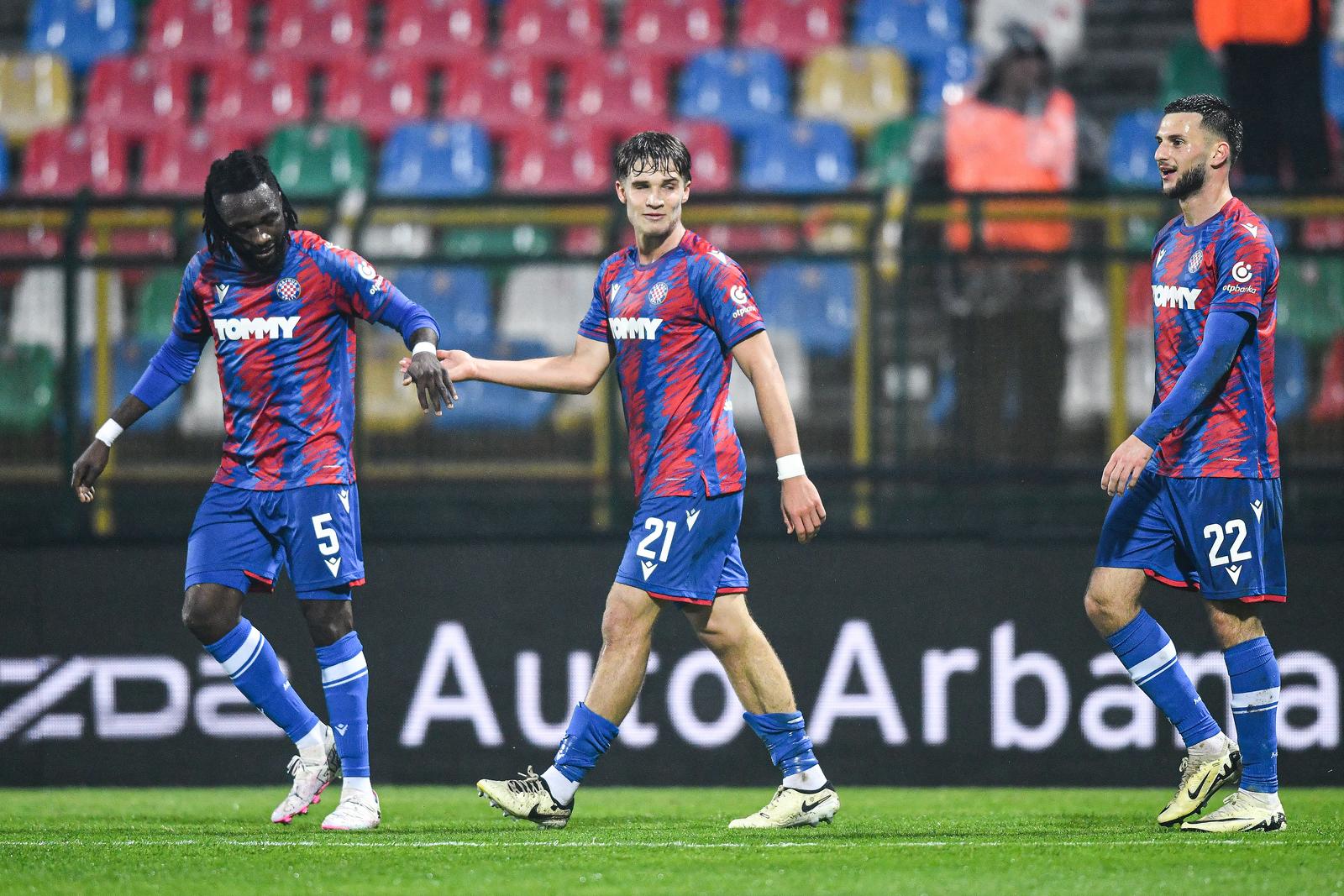 09.03.2024., Velika Gorica - Utakmica 26. kola HNL-a NK Gorica - HNK Hajduk. Rokas Pukstas, Ismael Jean Chester Diallo, Leon Dajaku Photo: Josip Regovic/PIXSELL