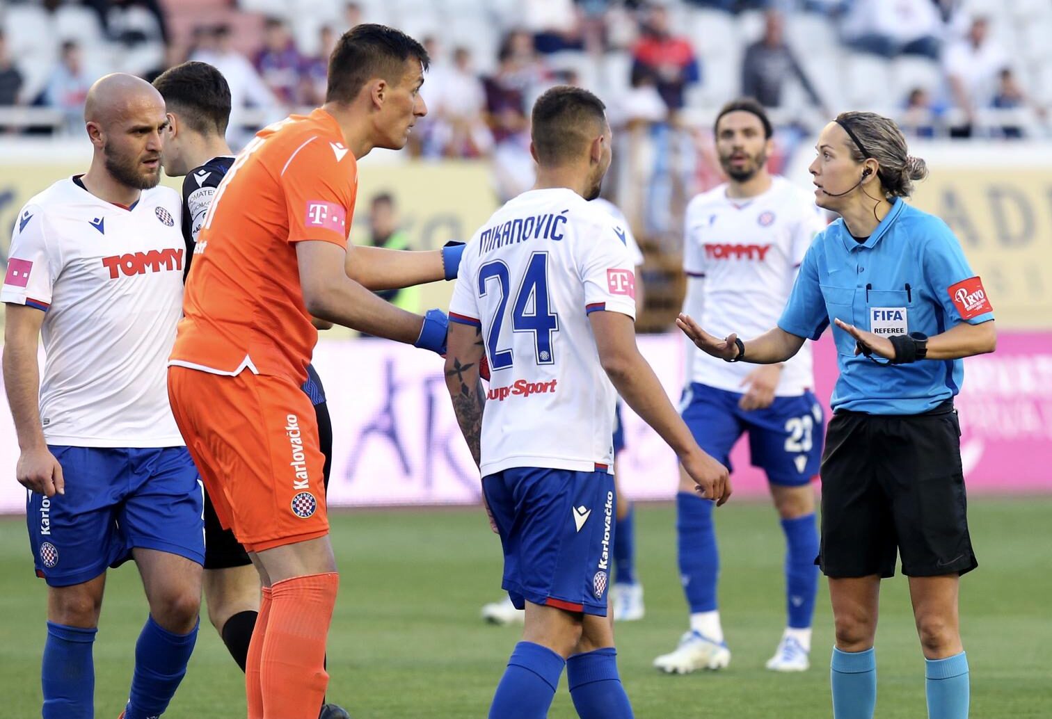 29.04.2022., Split - Utakmica 33. kola Hrvatski Telekom Prve lige izmedju Hajduka i Hrvatskog dragovoljca na Poljudu. Sutkinja Ivana Martincic, Lukas Grgic, Lovre Kalinic, Dino Mikanovic. Photo: Ivo Cagalj/PIXSELL