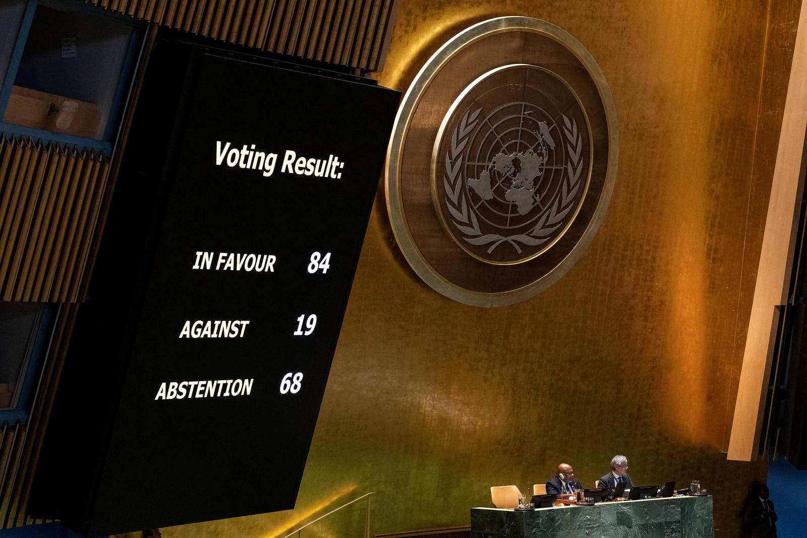 A display shows results of the United Nations General Assembly's vote on the creation of an international day to commemorate the Srebrenica genocide, at the United Nations Headquarters in New York City, U.S. May 23, 2024.  REUTERS/Eduardo Munoz Photo: EDUARDO MUNOZ/REUTERS