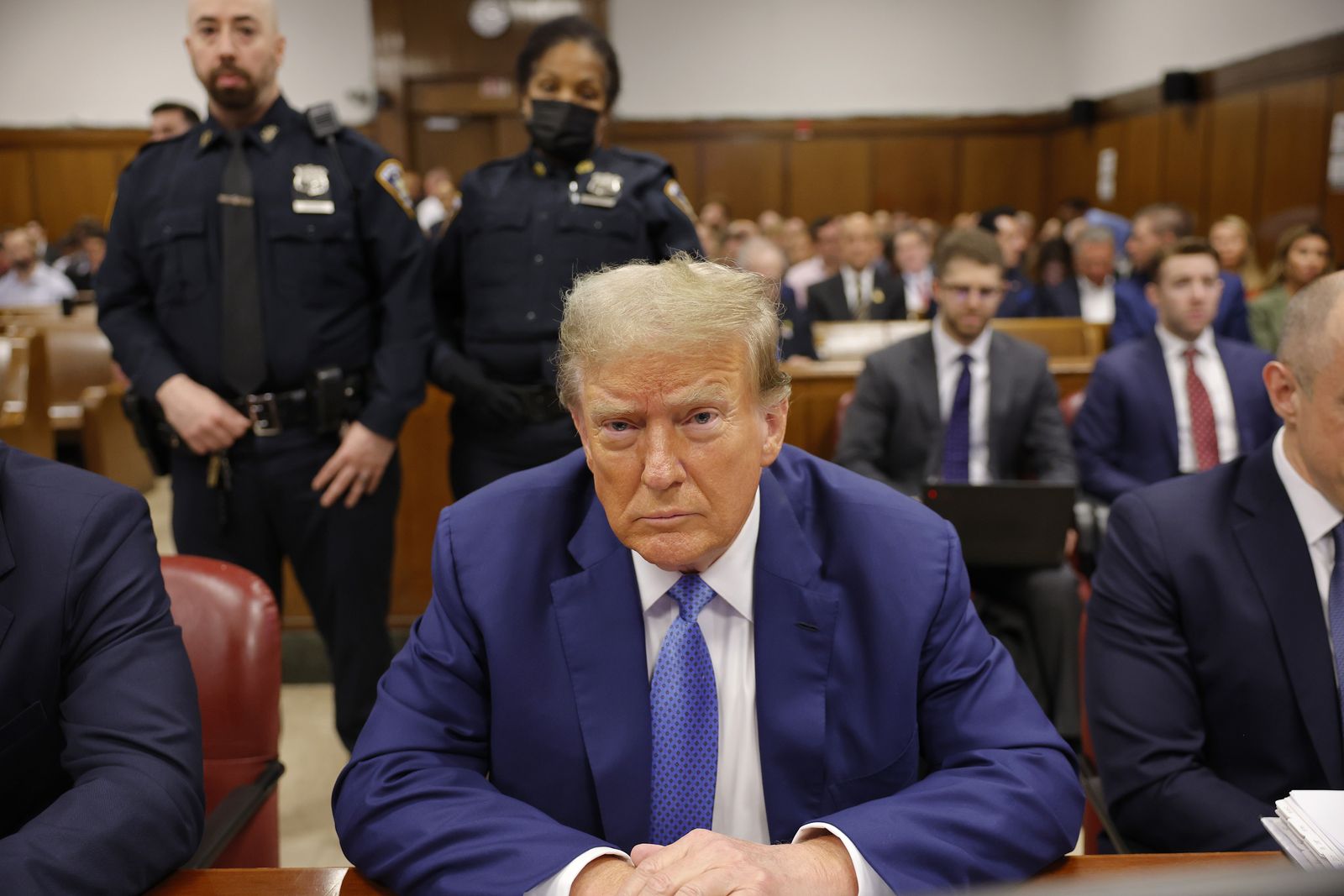 epa11355496 Former US President Donald Trump sits in the courtroom during his hush money trial at the Supreme Court of the State of New York in New York, New York, USA, 20 May 2024. Trump is facing 34 felony counts of falsifying business records related to payments made to adult film star Stormy Daniels during his 2016 presidential campaign.   EPA/Michael M. Santiago / POOL