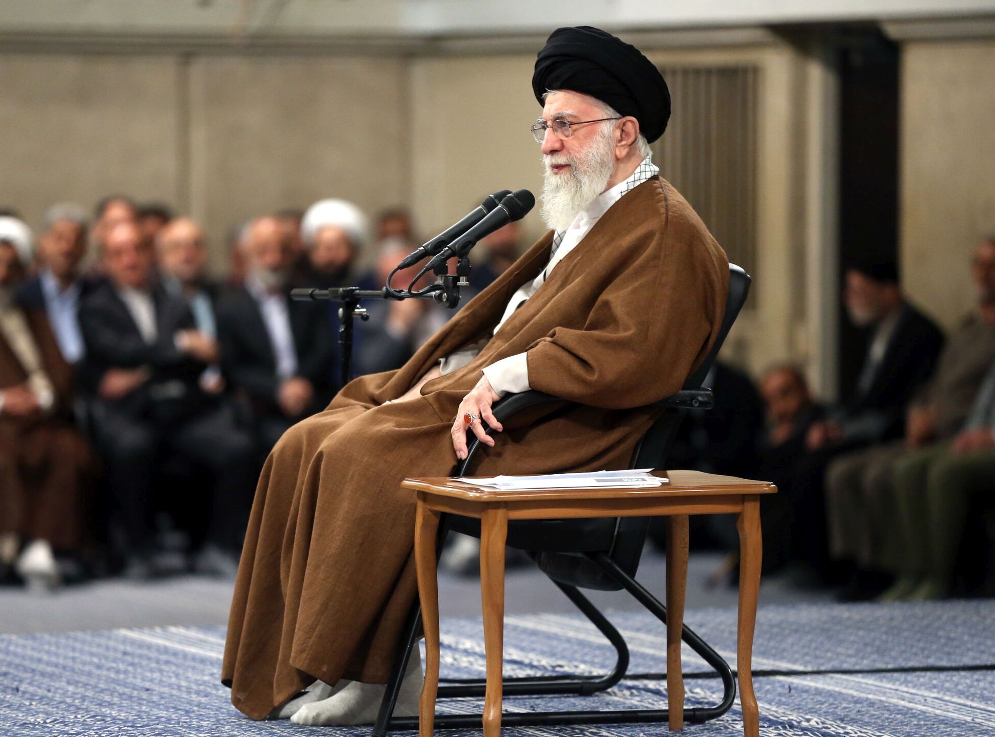 epa11312094 A handout photo made available by the Iranian Supreme Leader Office shows Iranian supreme leader Ayatollah Ali Khamenei greets the crowd during a ceremony in Tehran, Iran, 01 May 2024. According to the supreme leader's official website, Khamenei said that Israel and US and their European allies couldn't normalize the situation of Palestinians in the Gaza Strip and called to increase pressure on Israel.  EPA/IRAN'S SUPREME LEADER OFFICE / HANDOUT  HANDOUT EDITORIAL USE ONLY/NO SALES HANDOUT EDITORIAL USE ONLY/NO SALES