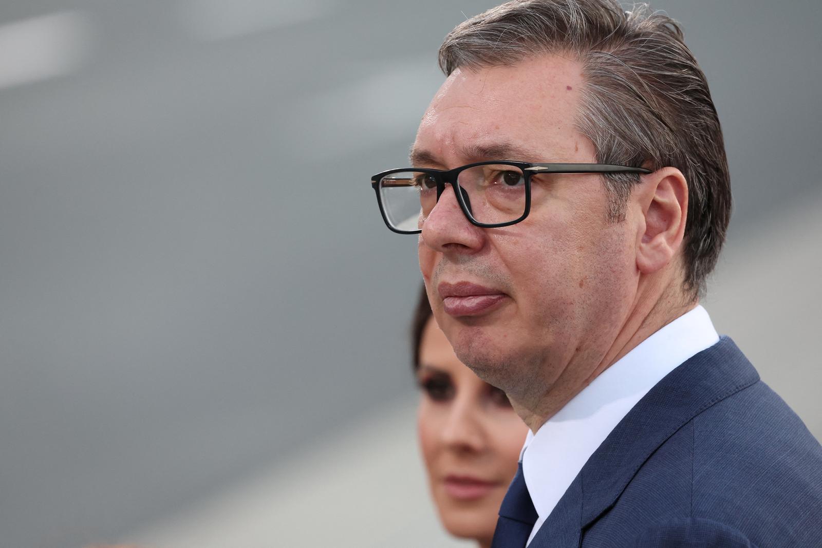 Serbian President Aleksandar Vucic and his wife Tamara Vucic, look on ahead of the departure of Chinese President Xi Jinping following a two-day state visit, at Nikola Tesla Airport in Belgrade, Serbia, May 8, 2024. REUTERS/Marko Djurica Photo: MARKO DJURICA/REUTERS