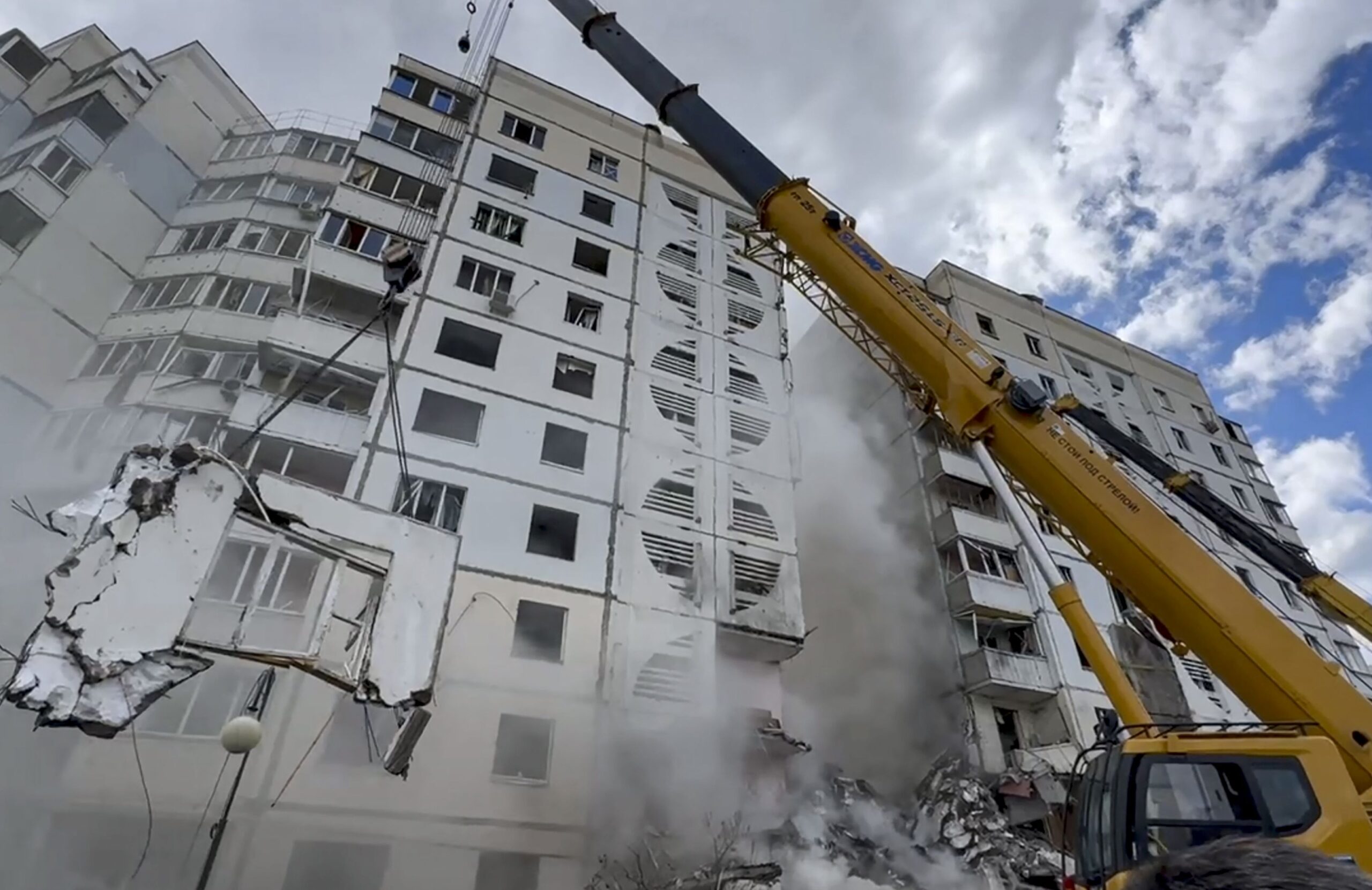 epa11336004 A handout photo made available on the telegram channel of Russia's Governor of Belgorod region, Vyacheslav Gladkov shows Russian rescuers removing debris at the site of a damaged residential building following shelling in Belgorod, Russia, 12 May 2024. According to the Russian Defense Ministry, Belgorod came under an attack from the Ukrainian side, adding that air defense systems downed six missiles and six rockets, and an apartment building in Russia's Belgorod was damaged by fragments of a downed Ukrainian Tochka-U missile. On 24 February 2022, Russian troops entered Ukrainian territory in what the Russian president declared a 'special military operation', starting an armed conflict that has provoked destruction and a humanitarian crisis.  EPA/BELGOROD GOVERNOR VYACHESLAV GLADKOV TELEGRAMM CHANNEL HANDOUT -- MANDATORY CREDIT --  HANDOUT EDITORIAL USE ONLY/NO SALES HANDOUT EDITORIAL USE ONLY/NO SALES