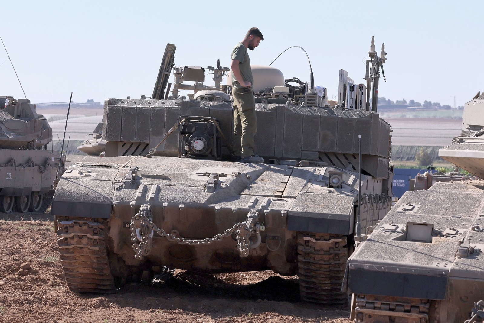 KEREM SHALOM CROSSING, May 8, 2024  -- Israeli armored vehicles are deployed near the Kerem Shalom crossing in southern Israel, on May 8, 2024. Israel's army announced on Wednesday that it was continuing its ground assault on Gaza's Rafah, reporting approximately 30 casualties since the offensive began on Monday night. According to an army statement, the 30 casualties were militants, while Gaza health officials reported about 35 deaths, including a four-month-old baby.,Image: 871260503, License: Rights-managed, Restrictions: , Model Release: no, Credit line: Ilan Assayag/JINI / Xinhua News / Profimedia