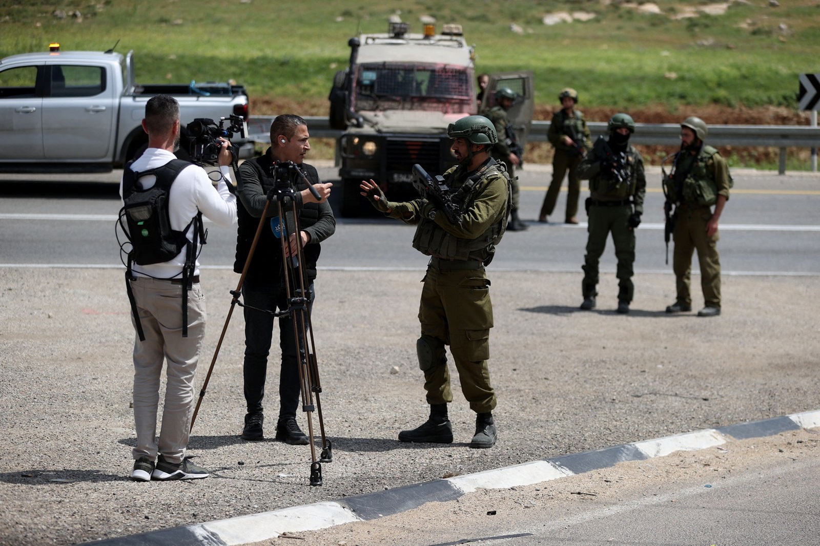 RAMALLAH, WEST BANK - APRIL 14: Israeli forces have imposed restrictions towards journalists from accessing the area as Israeli forces implement a closure of the entry and exit points for the towns of Silvad and Turmusayya, situated within the West Bank city of Ramallah on April 14, 2024. Tensions in the region have escalated following attacks by Jewish settlers on several towns in the West Bank, resulting in damage to Palestinian properties. Israeli forces have sealed off the entrances and exits of Silvad and Turmusayya, located within the city of Ramallah in the West Bank. Issam Rimawi / Anadolu/ABACAPRESS.COM,Image: 864505437, License: Rights-managed, Restrictions: , Model Release: no, Credit line: AA/ABACA / Abaca Press / Profimedia