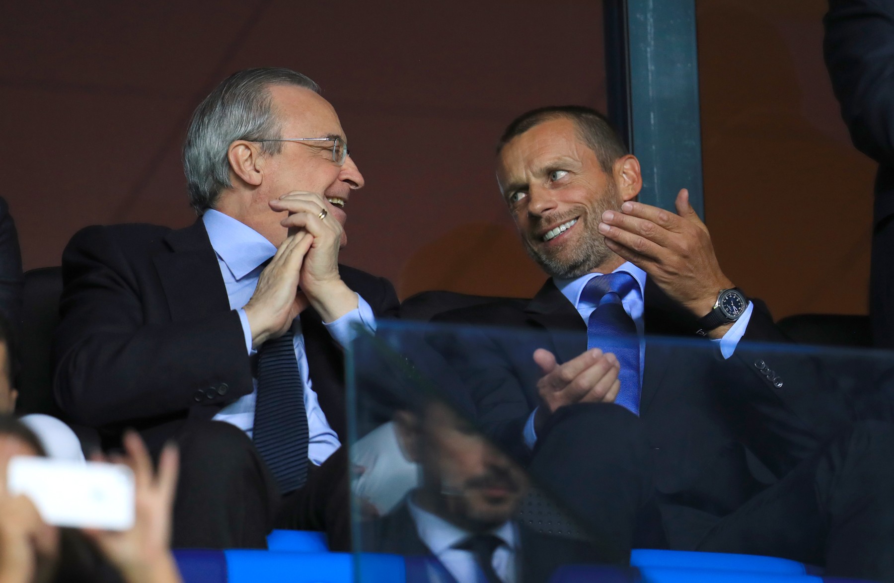 Real Madrid President Florentino Perez (left) and UEFA President Aleksander Ceferin in the stands,Image: 382768481, License: Rights-managed, Restrictions: , Model Release: no, Credit line: Mike Egerton / PA Images / Profimedia