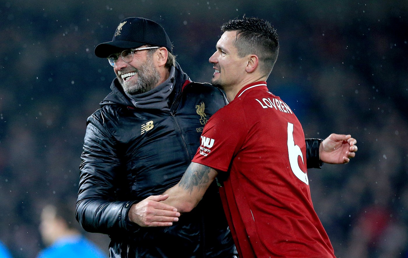 File photo dated 16-12-2018 of Liverpool manager Jurgen Klopp (left) celebrates after the final whistle with Liverpool's Dejan Lovren (right) during the Premier League match at Anfield, Liverpool.,Image: 403016691, License: Rights-managed, Restrictions: FILE PHOTO EDITORIAL USE ONLY No use with unauthorised audio, video, data, fixture lists, club/league logos or "live" services. Online in-match use limited to 120 images, no video emulation. No use in betting, games or single club/league/player publica..., Model Release: no, Credit line: Peter Byrne / PA Images / Profimedia