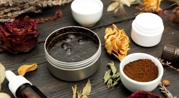 Aromatic botanical cosmetics. Dried herbs flowers mixture,  aromatic homemade scrub paste made from coffee grounds and oils. Holistic herbal DIY skincare beauty hack.,Image: 528431815, License: Royalty-free, Restrictions: , Model Release: no, Credit line: Arturs Budkevics / Panthermedia / Profimedia