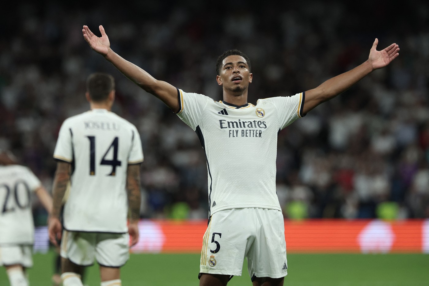 Real Madrid's English midfielder #5 Jude Bellingham celebrates scoring his team's first goal during the UEFA Champions League 1st round day 1 group C football match between Real Madrid and Union Berlin at the Santiago Bernabeu stadium in Madrid on September 20, 2023.,Image: 806892794, License: Rights-managed, Restrictions: , Model Release: no, Credit line: Thomas COEX / AFP / Profimedia