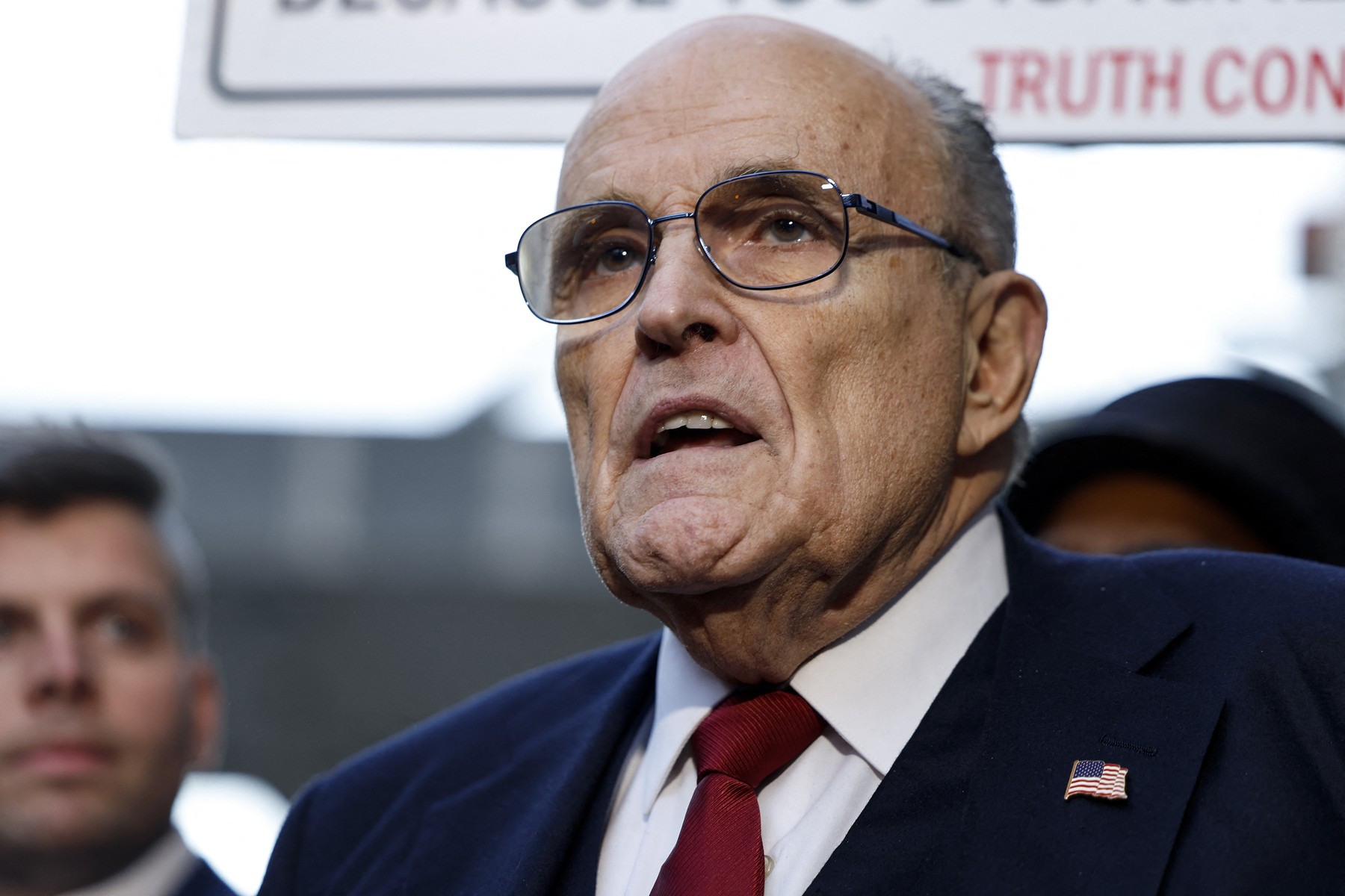 WASHINGTON, DC - DECEMBER 15: Rudy Giuliani, the former personal lawyer for former U.S. President Donald Trump, speaks with reporters outside of the E. Barrett Prettyman U.S. District Courthouse after a verdict was reached in his defamation jury trial on December 15, 2023 in Washington, DC. A jury has ordered Giuliani to pay $148 million in damages to Fulton County election workers Ruby Freeman and Shaye Moss.   Anna Moneymaker,Image: 829851583, License: Rights-managed, Restrictions: , Model Release: no, Credit line: Anna Moneymaker / Getty images / Profimedia