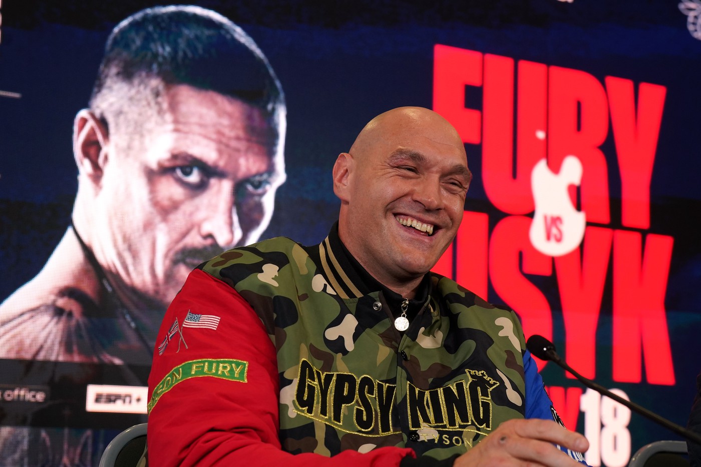 Tyson Fury during a press conference at the The Mazuma Mobile Stadium, Morecambe. Tyson Fury faces Oleksandr Usyk in the 'Ring of Fire' undisputed world heavyweight title fight in Riyadh, Saudi Arabia on 18 May 2024. Picture date: Wednesday April 10, 2024.,Image: 863797191, License: Rights-managed, Restrictions: Use subject to restrictions. Editorial use only, no commercial use without prior consent from rights holder., Model Release: no, Credit line: Owen Humphreys / PA Images / Profimedia