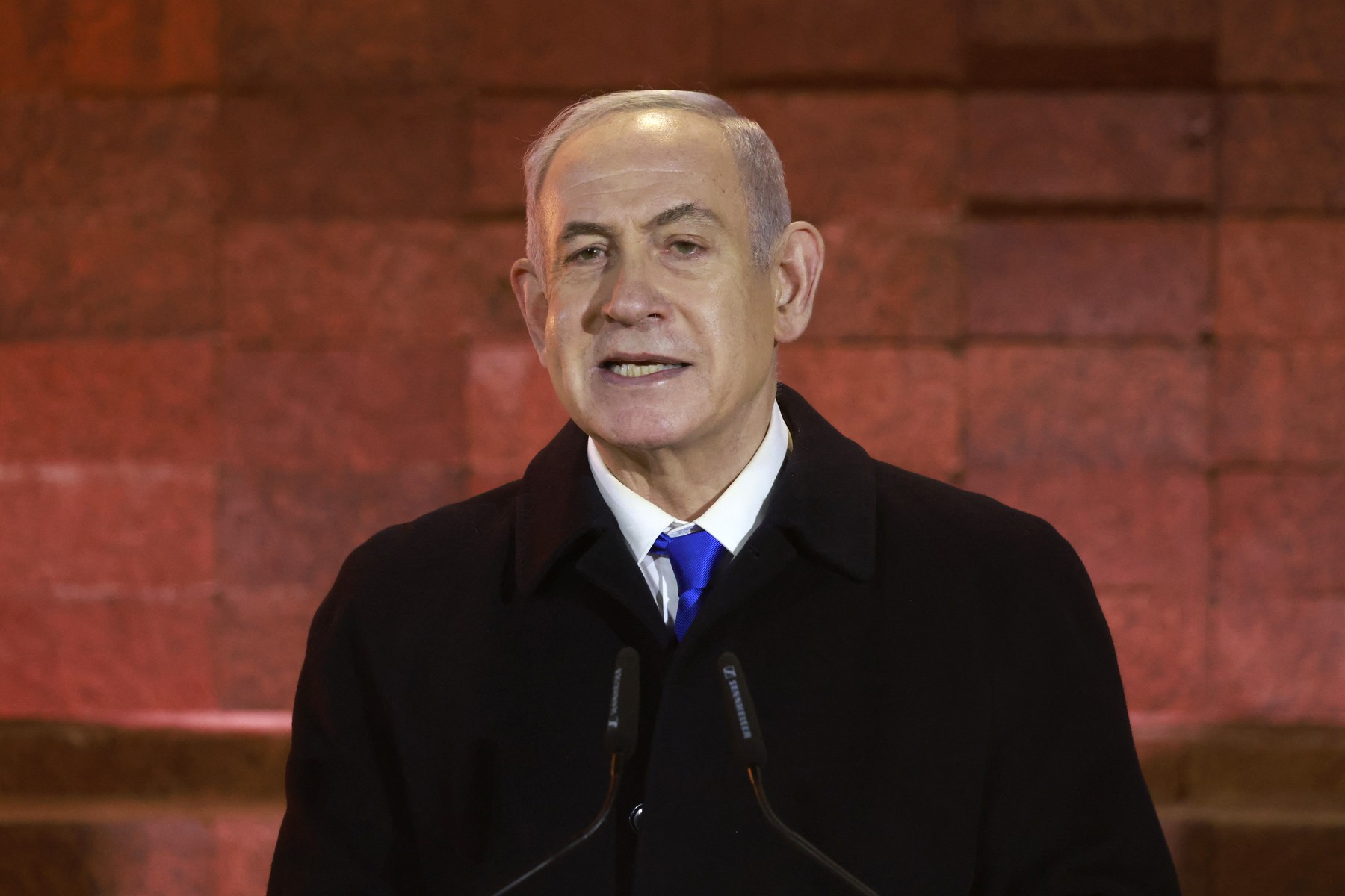 Israel's Prime Minister Benjamin Netanyahu speaks during a ceremony marking Holocaust Remembrance Day for the six million Jews killed during World War II, at the Yad Vashem Holocaust Memorial in Jerusalem on May 5, 2024.,Image: 870459859, License: Rights-managed, Restrictions: , Model Release: no, Credit line: Menahem Kahana / AFP / Profimedia