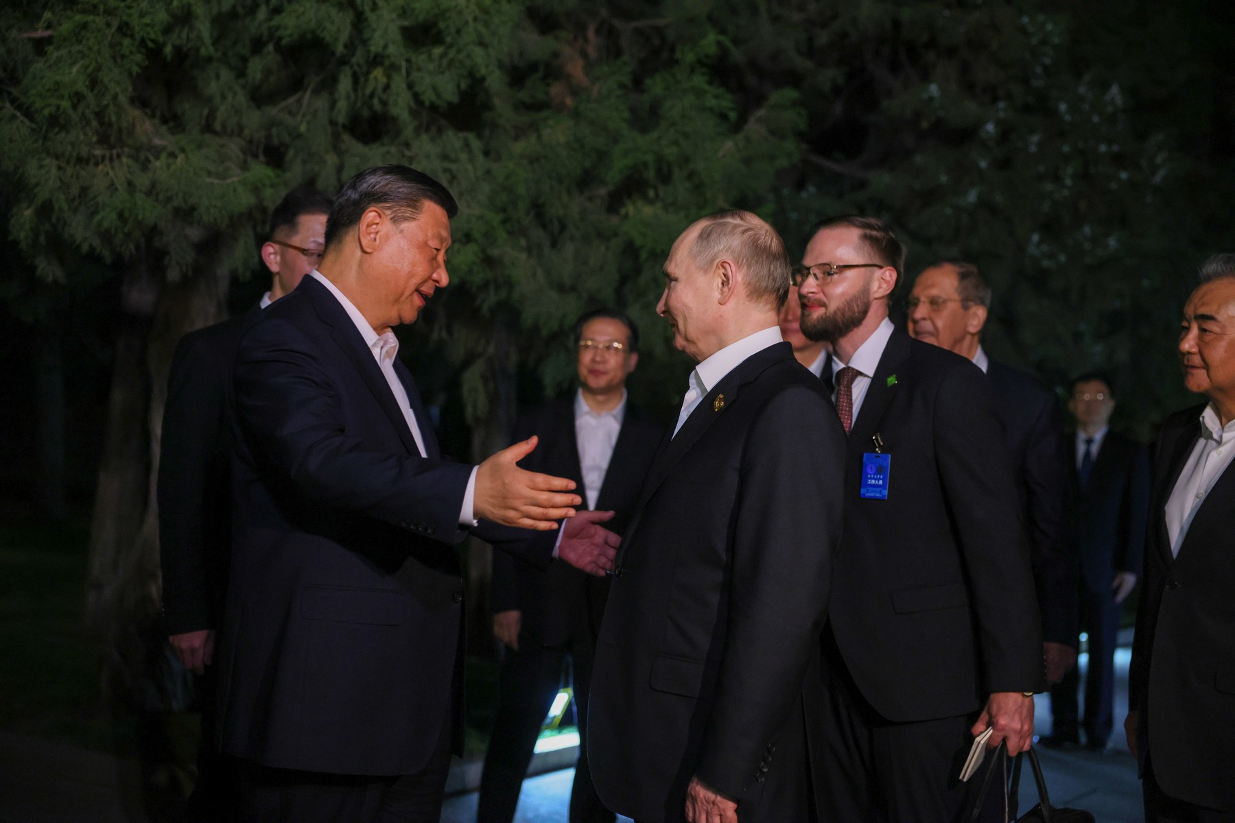 CHINA, BEIJING - MAY 16, 2024: China's President Xi Jinping and Russia's President Vladimir Putin (L-R front) shake hands at an airport before Putin's departure to Kharbin. Mikhail Metzel/POOL/TASS,Image: 873615486, License: Rights-managed, Restrictions: , Model Release: no, Credit line: Mikhail Metzel / TASS / Profimedia