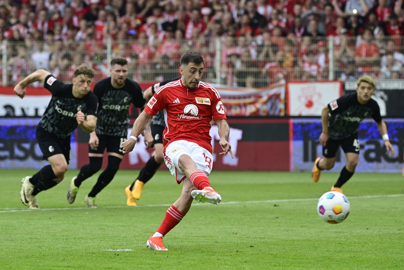 Union Berlin's Croatian defender #18 Josip Juranovic misses from the penalty spot during the German first division Bundesliga football match between 1 FC Union Berlin and SC Freiburg in Berlin, Germany on May 18, 2024.,Image: 874151700, License: Rights-managed, Restrictions: DFL REGULATIONS PROHIBIT ANY USE OF PHOTOGRAPHS AS IMAGE SEQUENCES AND/OR QUASI-VIDEO, Model Release: no, Credit line: JOHN MACDOUGALL / AFP / Profimedia