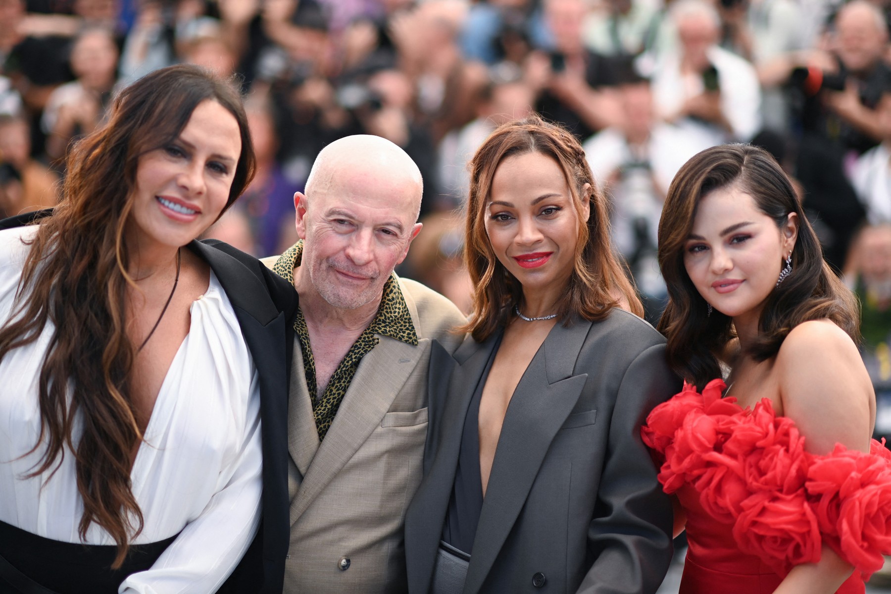 Karla Sofia Gascon, Jacques Audiard, Zoe Saldana and Selena Gomez attending the Emilia Perez Photocall as part of the 77th Cannes International Film Festival in Cannes, France on May 19, 2024.,Image: 874467732, License: Rights-managed, Restrictions: , Model Release: no, Credit line: Marechal Aurore/ABACA / Abaca Press / Profimedia