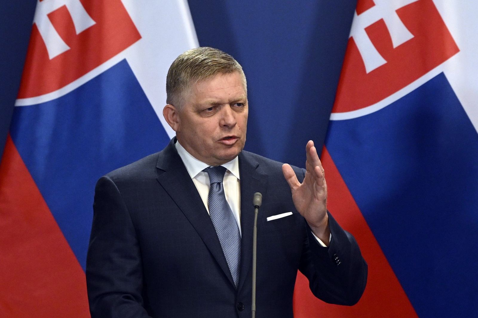 epa11342153 (FILE) - Slovakia's Prime Minister Robert Fico attends a joint press conference with his Hungarian counterpart (not pictured) following their meeting in the government headquarters in Budapest, Hungary, 16 January 2024 (reissued 15 May 2024). According to Slovakia’s national news agency TASR, Fico was rushed to hospital on 15 May after being shot in the town of Handlova, 180 kilometers north-east of Bratislava, at the end of a meeting of the Slovak cabinet.  EPA/Szilard Koszticsak HUNGARY OUT