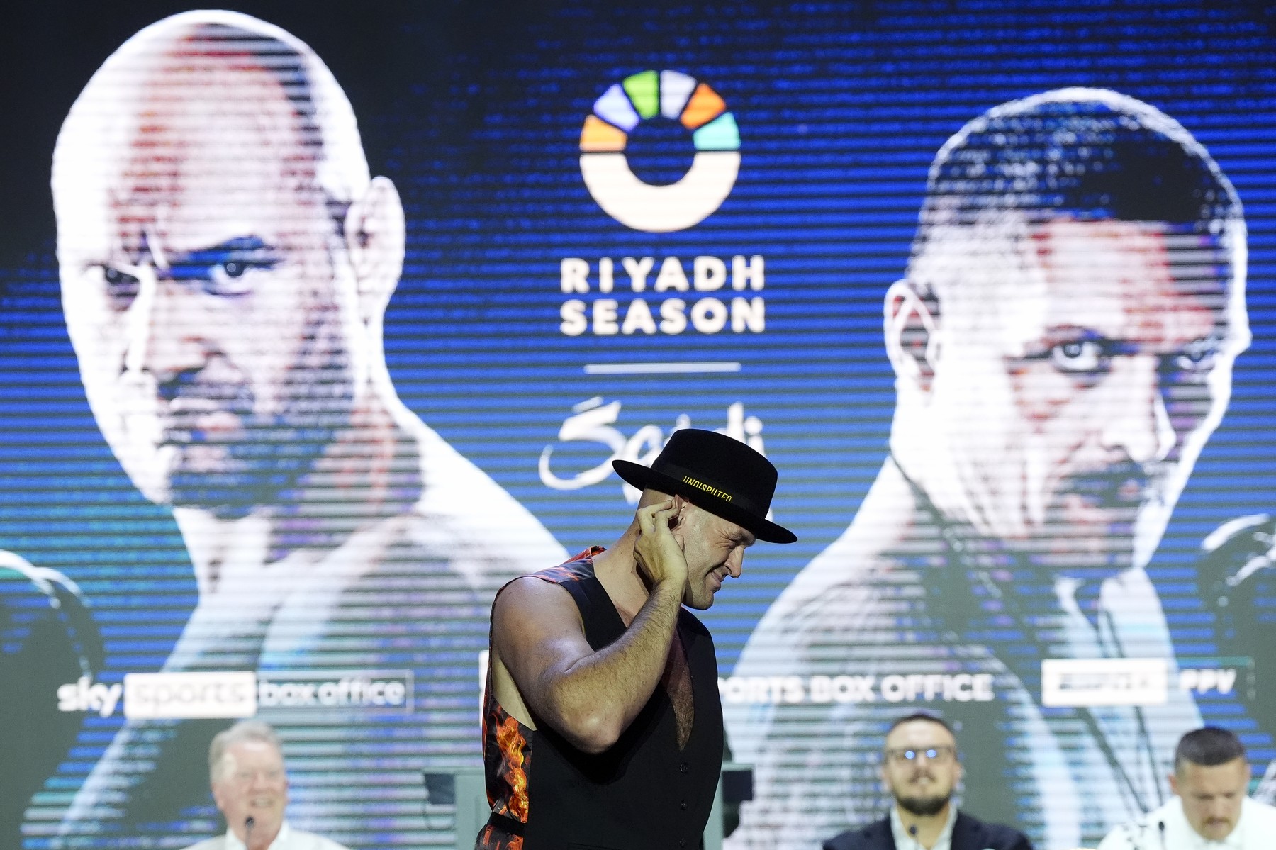 Tyson Fury gestures during a press conference at BLVD City Music World, Riyadh. The IBF, WBA, WBC and WBO heavyweight title fight between Tyson Fury v Oleksandr Usyk will take place on Saturday 18th May. Picture date: Thursday May 16, 2024.,Image: 873658034, License: Rights-managed, Restrictions: RESTRICTIONS: Use subject to restrictions. Editorial use only, no commercial use without prior consent from rights holder., Model Release: no, Credit line: Nick Potts / PA Images / Profimedia