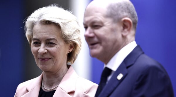 President of the European Commission Ursula von der Leyen, next to Germany's Chancellor Olaf Scholz (R), looks on prior to the European Council summit at the EU headquarters in Brussels on March 21, 2024.,Image: 858503405, License: Rights-managed, Restrictions: , Model Release: no, Credit line: Sameer Al-Doumy / AFP / Profimedia