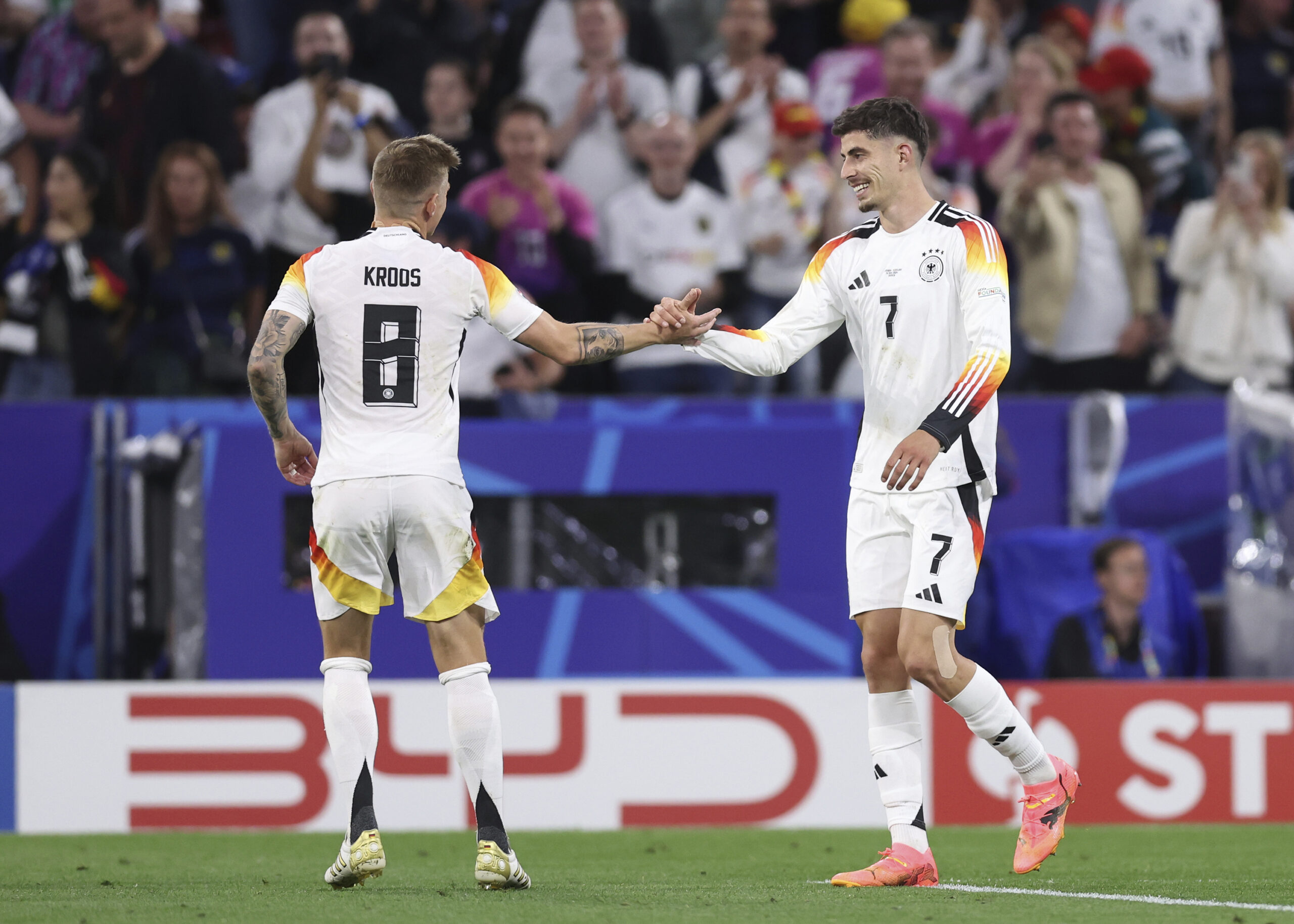 June 14, 2024, Munich: Munich, Germany, 14th June 2024. Kai Havertz of Germany celebrates scoring their third goal during the UEFA European Championships match at Allianz Arena, Munich. (Credit Image: Â© David Klein/Sportimage/Cal Sport Media) (Cal Sport Media via AP Images)