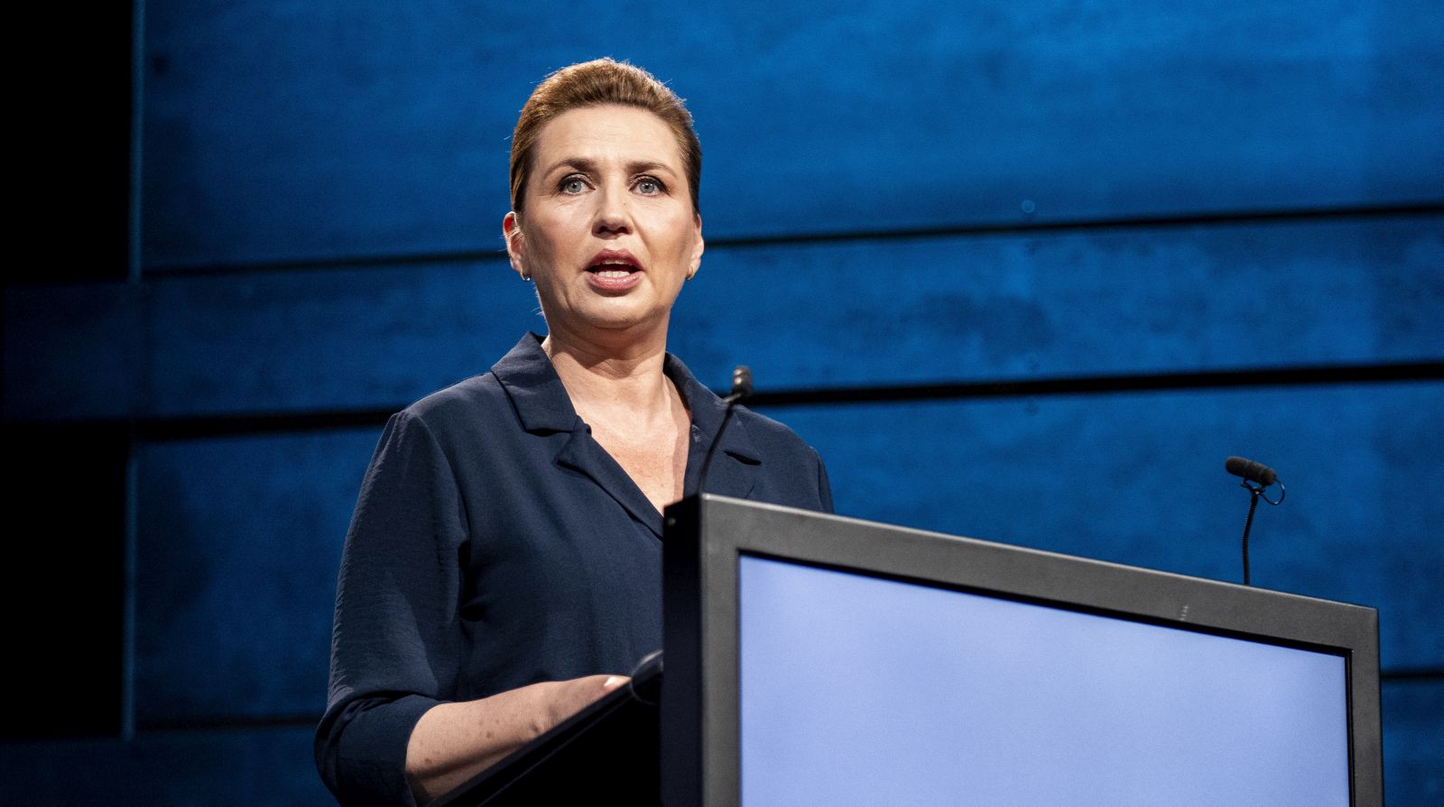 epa11339031 Danish Prime Minister Mette Frederiksen speaks during the Copenhagen Democracy Summit, in Copenhagen, Denmark, 14 May 2024. The summit takes place from 14-15 May at the  Royal Danish Playhouse and is held for the seventh time. 'This year's summit will delve into the intricate dynamics between technology, democracy, and freedom with the unwavering advocates dedicated to preserving these fundamental principles', the organizers describe the meeting on their website.  EPA/IDA MARIE ODGAARD DENMARK OUT